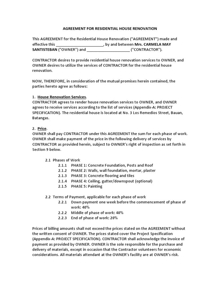 sample renovation agreement template