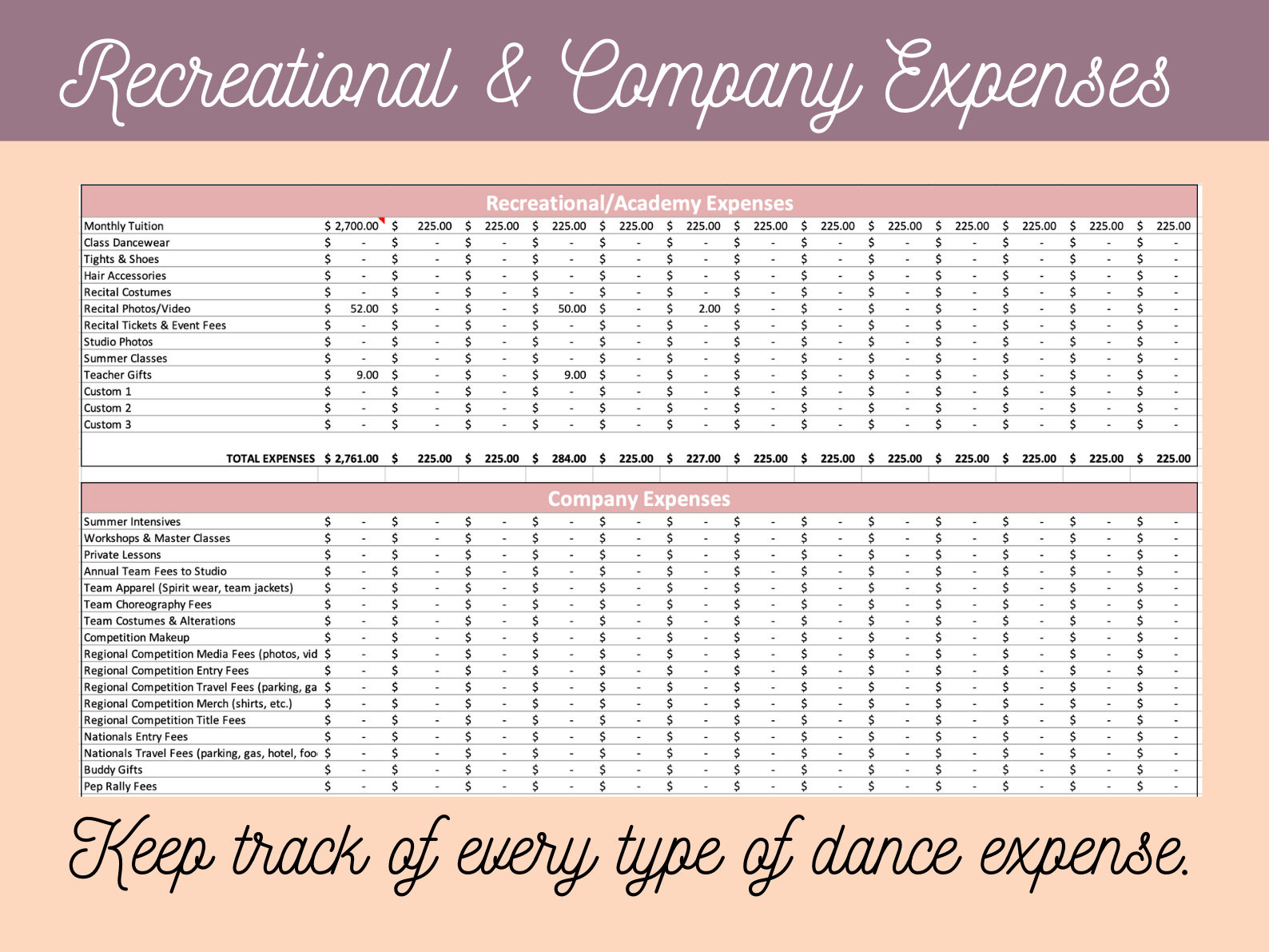 sample dance studio budget template