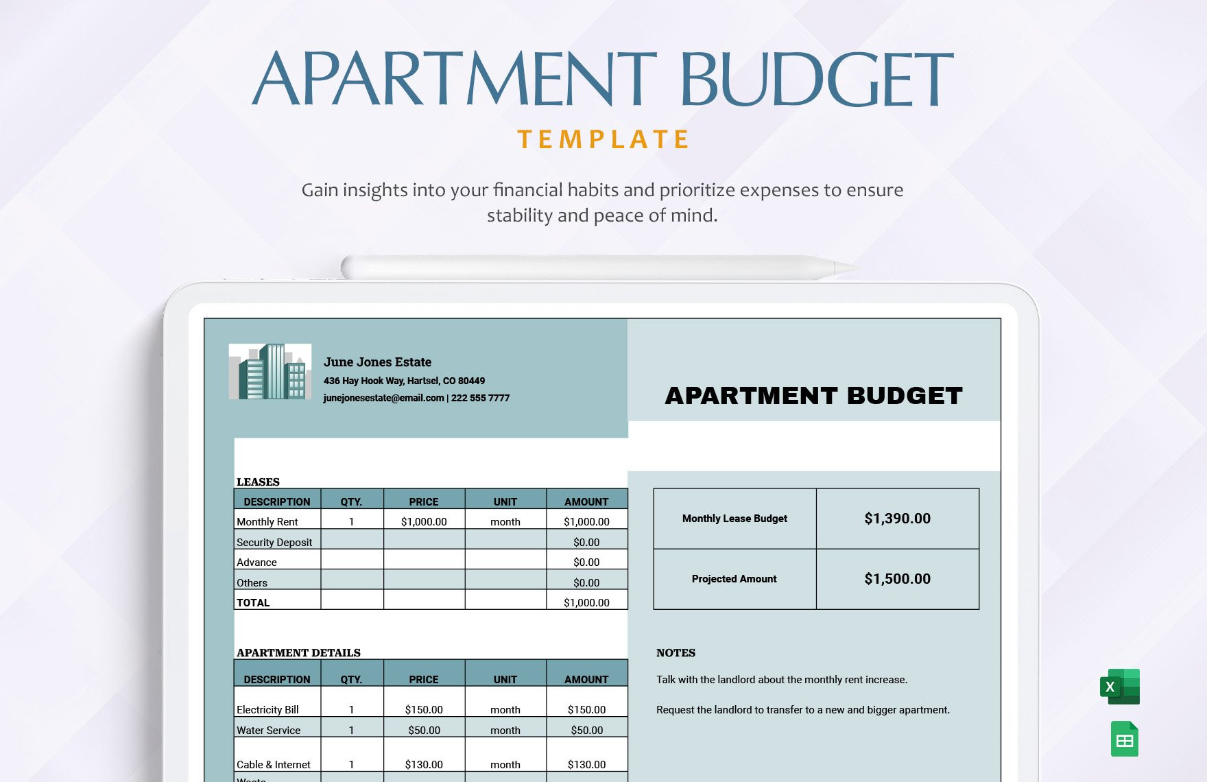 sample first apartment budget template