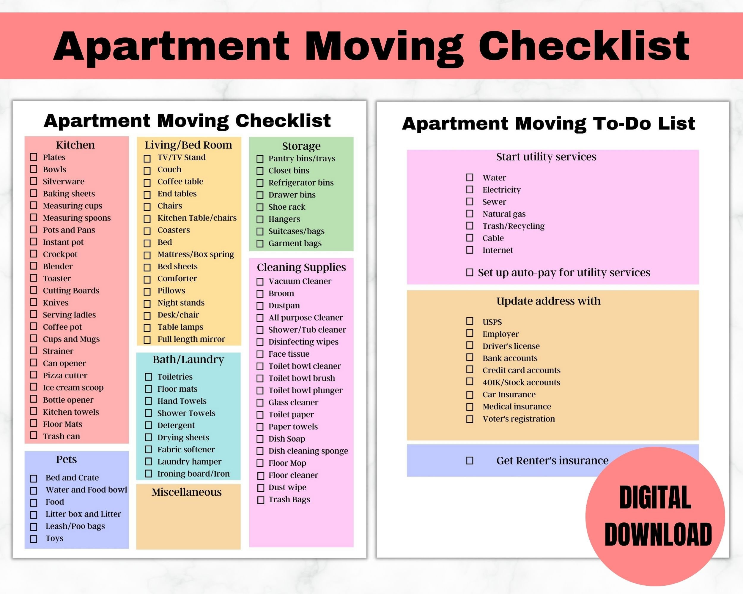 Apartment Moving Checklist, Moving Checklist, First Apartment