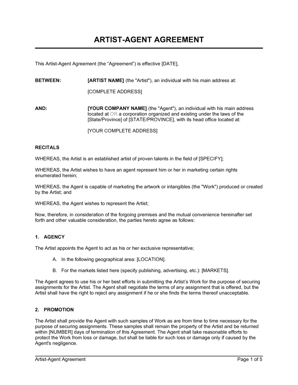 sample artist agreement template