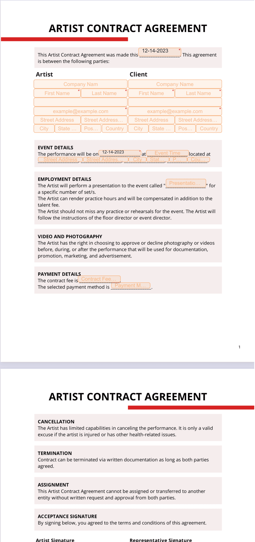 sample artist agreement template