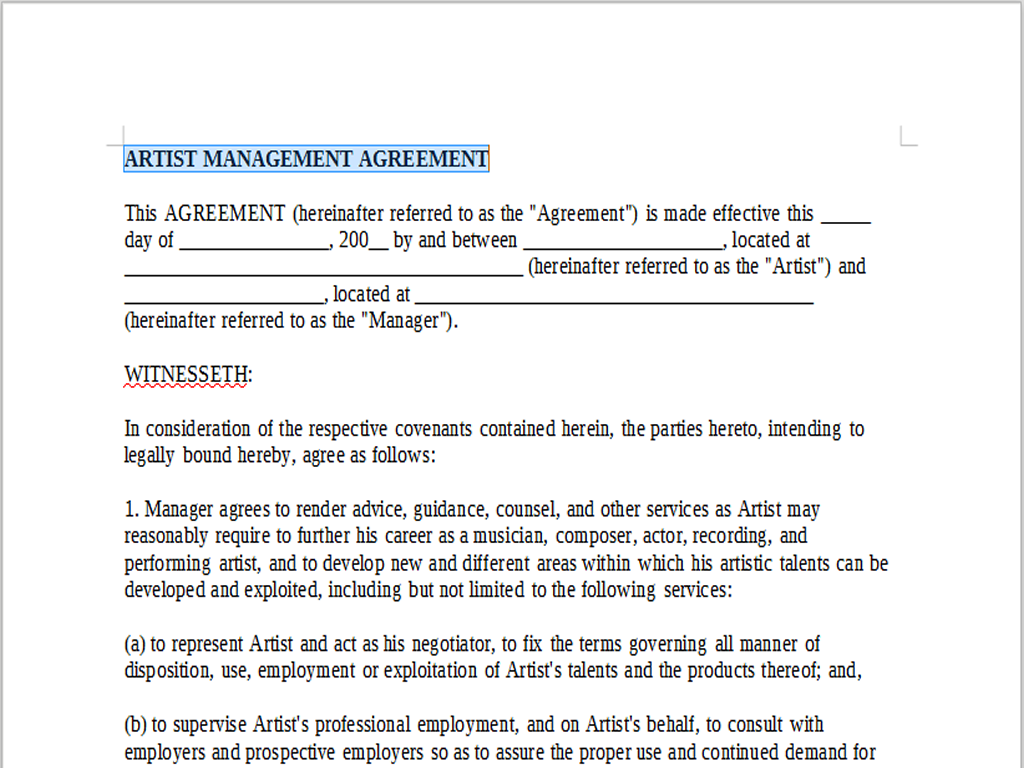 sample Talent Management Agreement Template