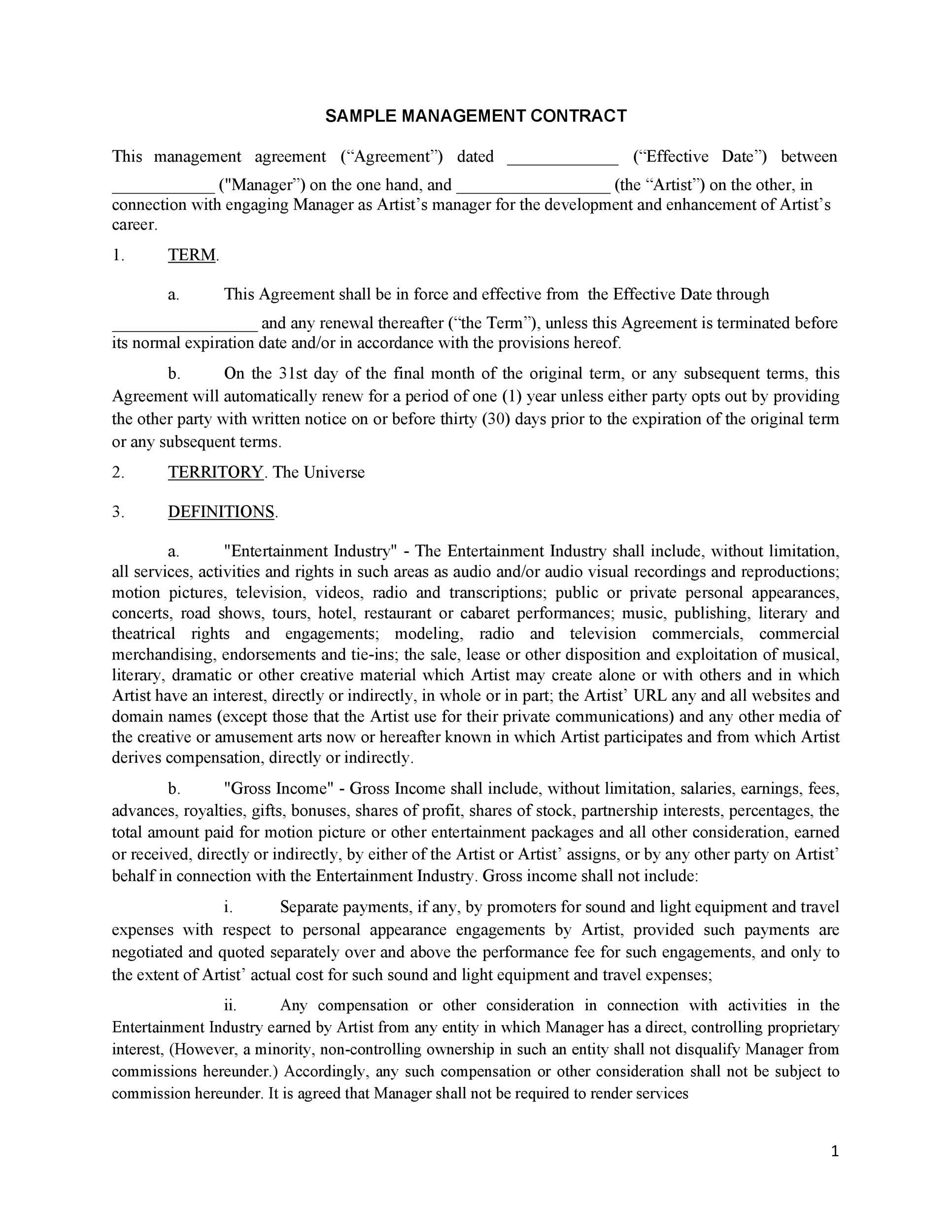 sample Talent Management Agreement Template