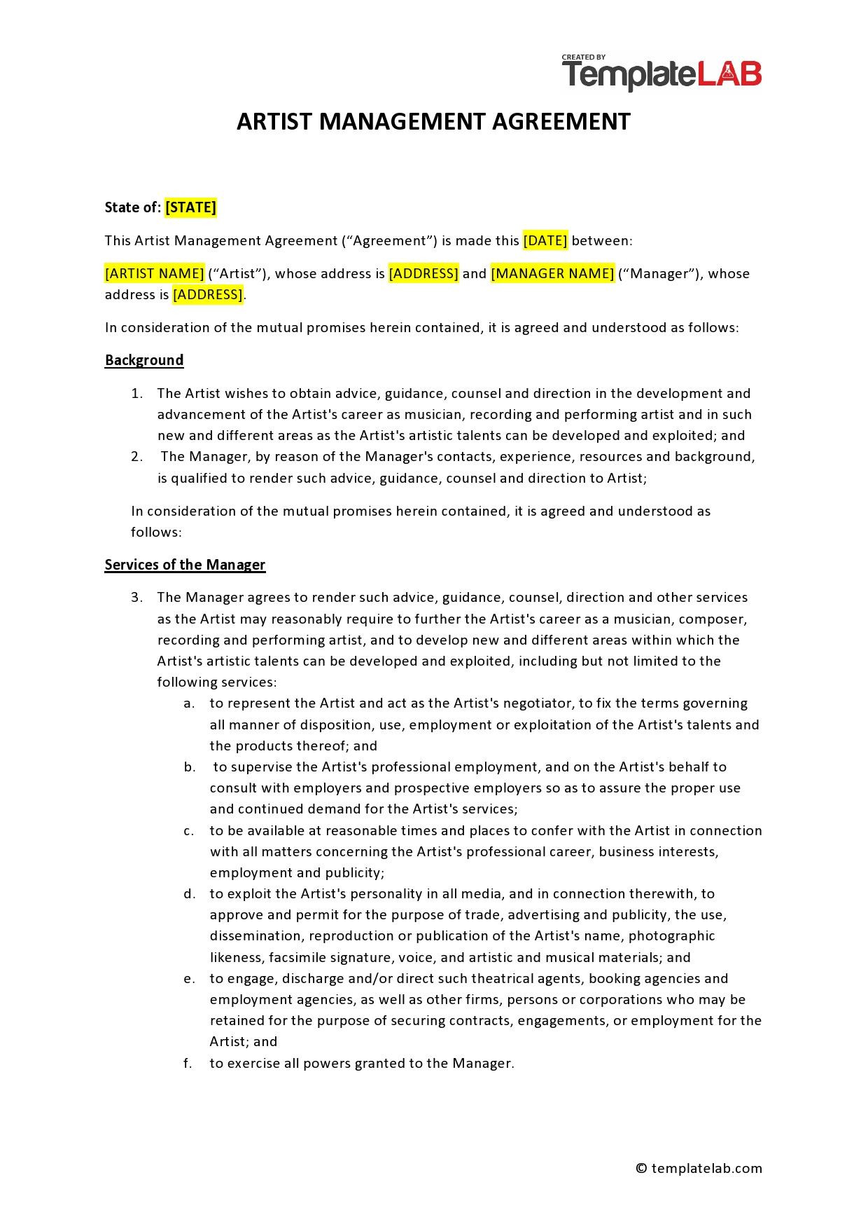 sample Talent Management Agreement Template