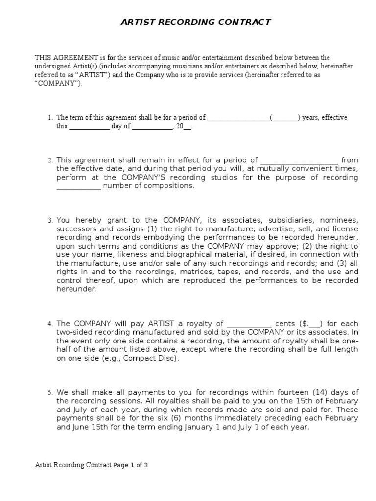 sample recording agreement template