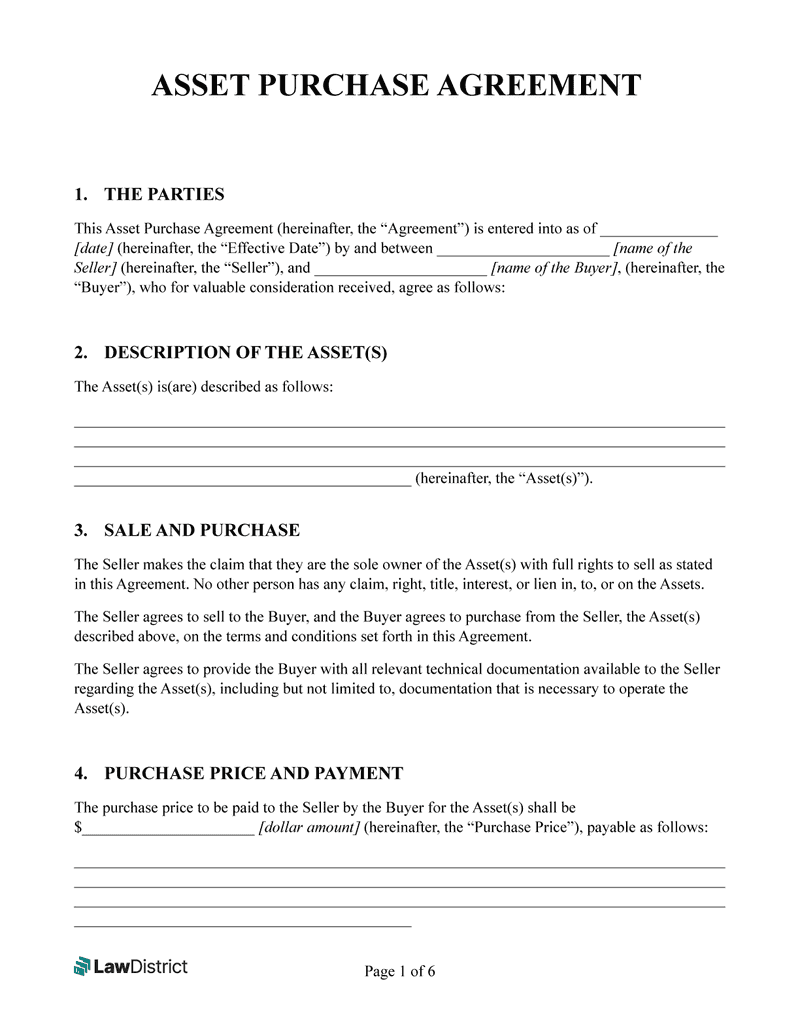 sample asset purchase agreement template