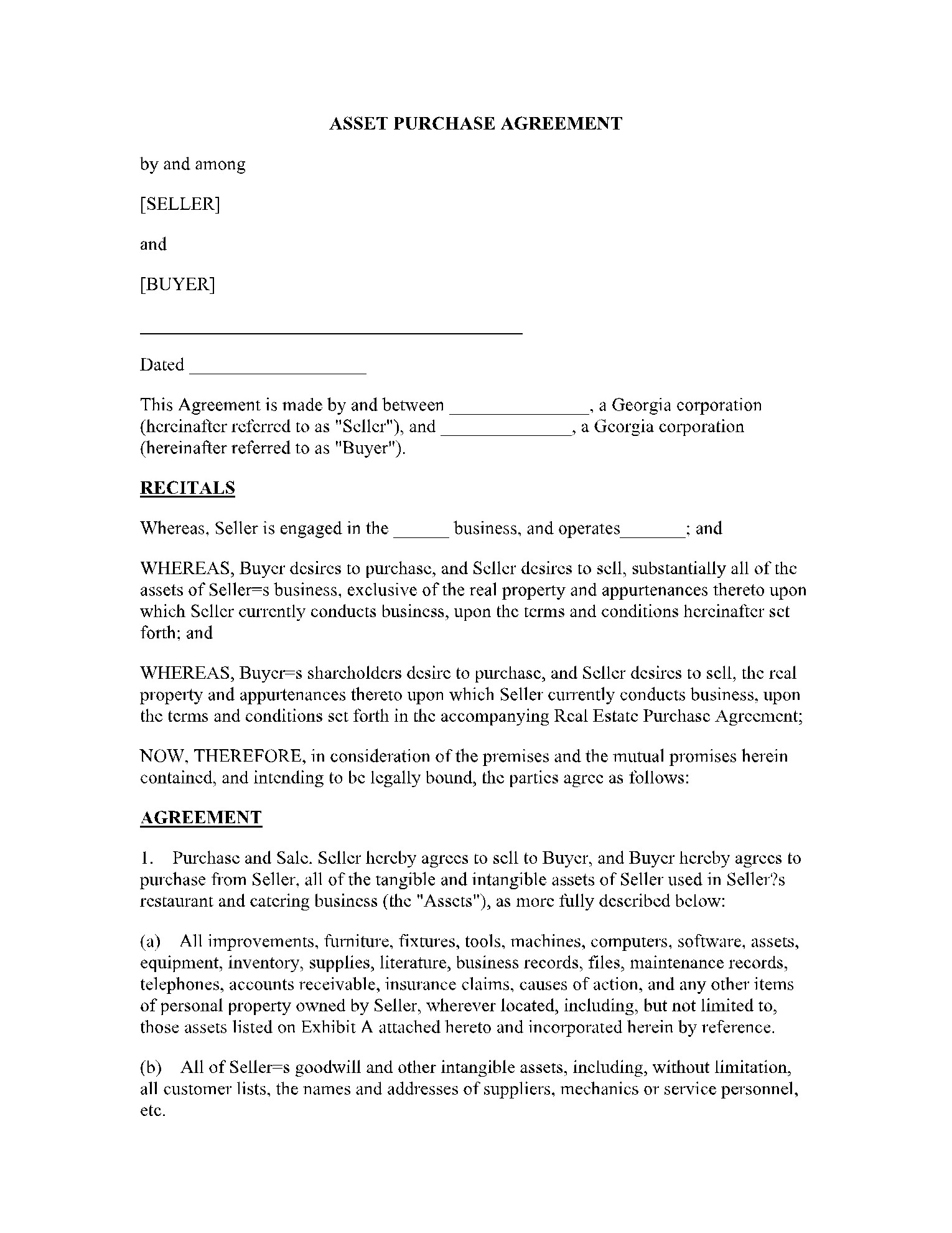 sample asset purchase agreement template