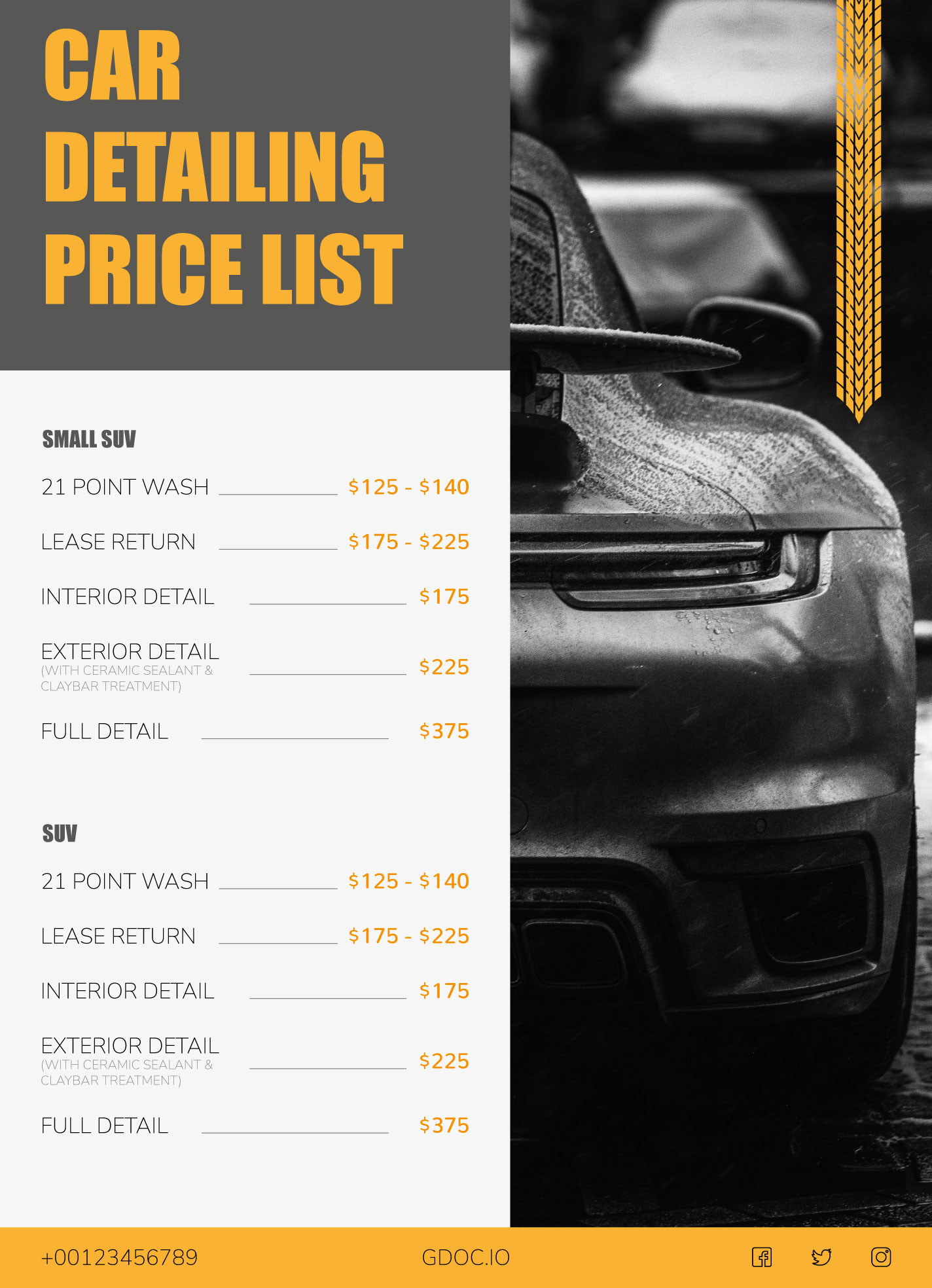 sample Car Wash Price List Template