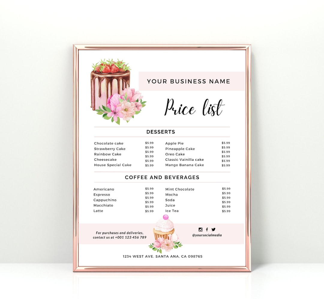 sample Homemade Cake Price List Template