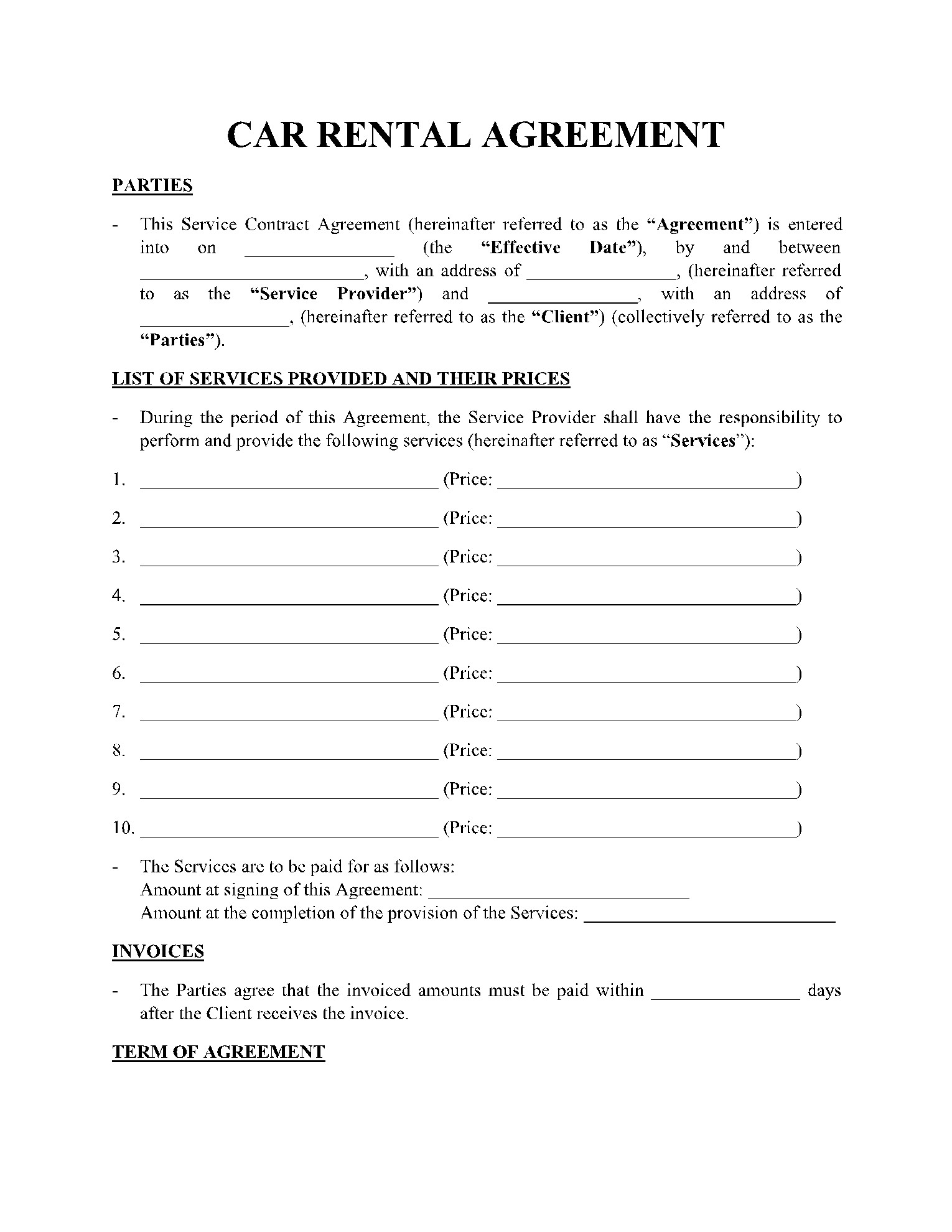 sample car rent agreement template