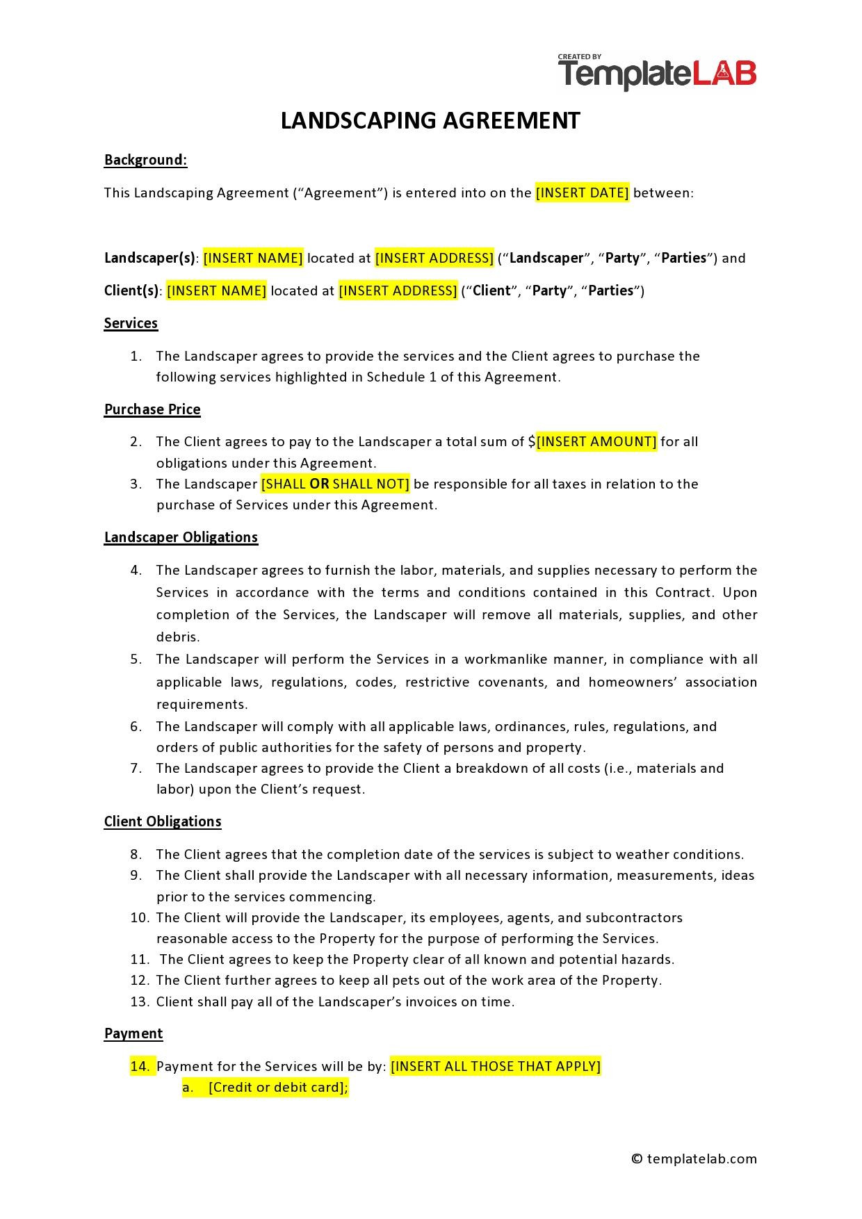 sample landscape contract agreement template