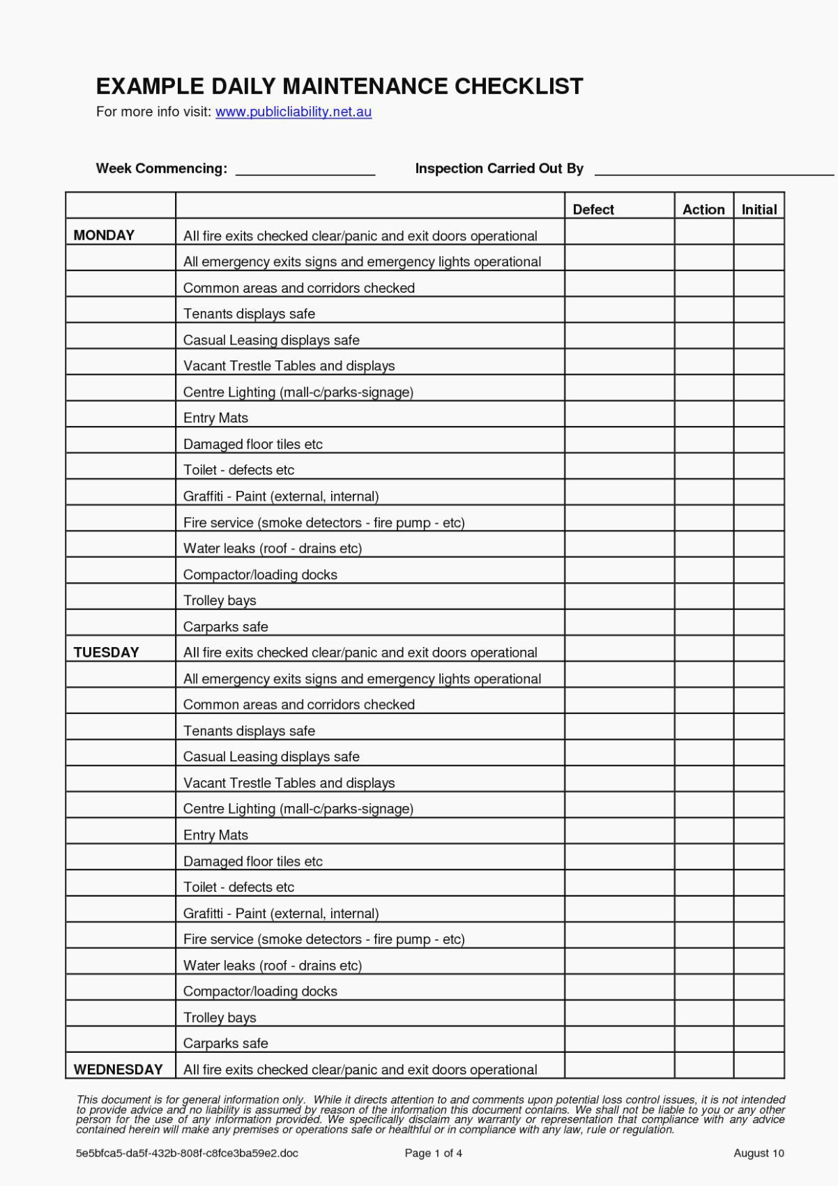 sample preventive maintenance checklist template