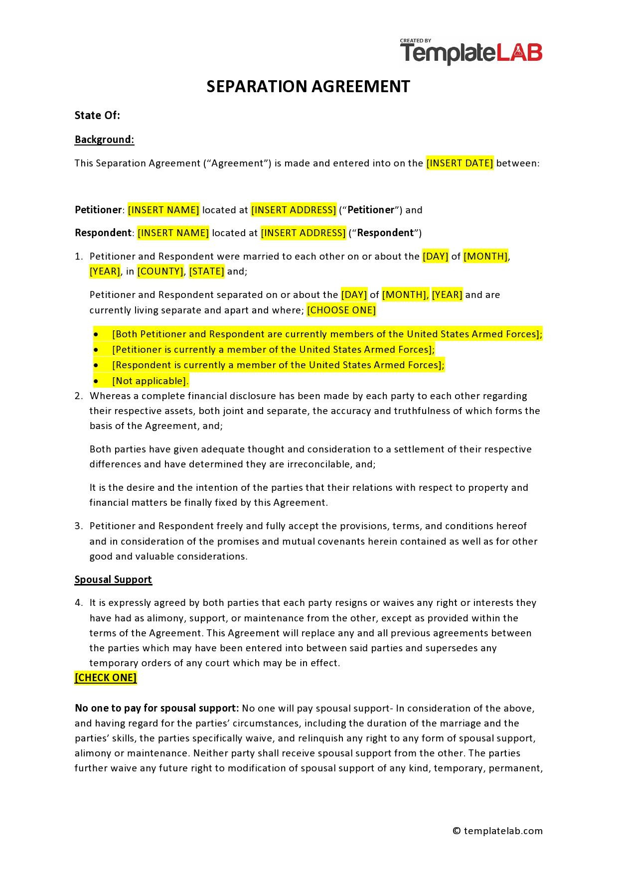 sample separate agreement template