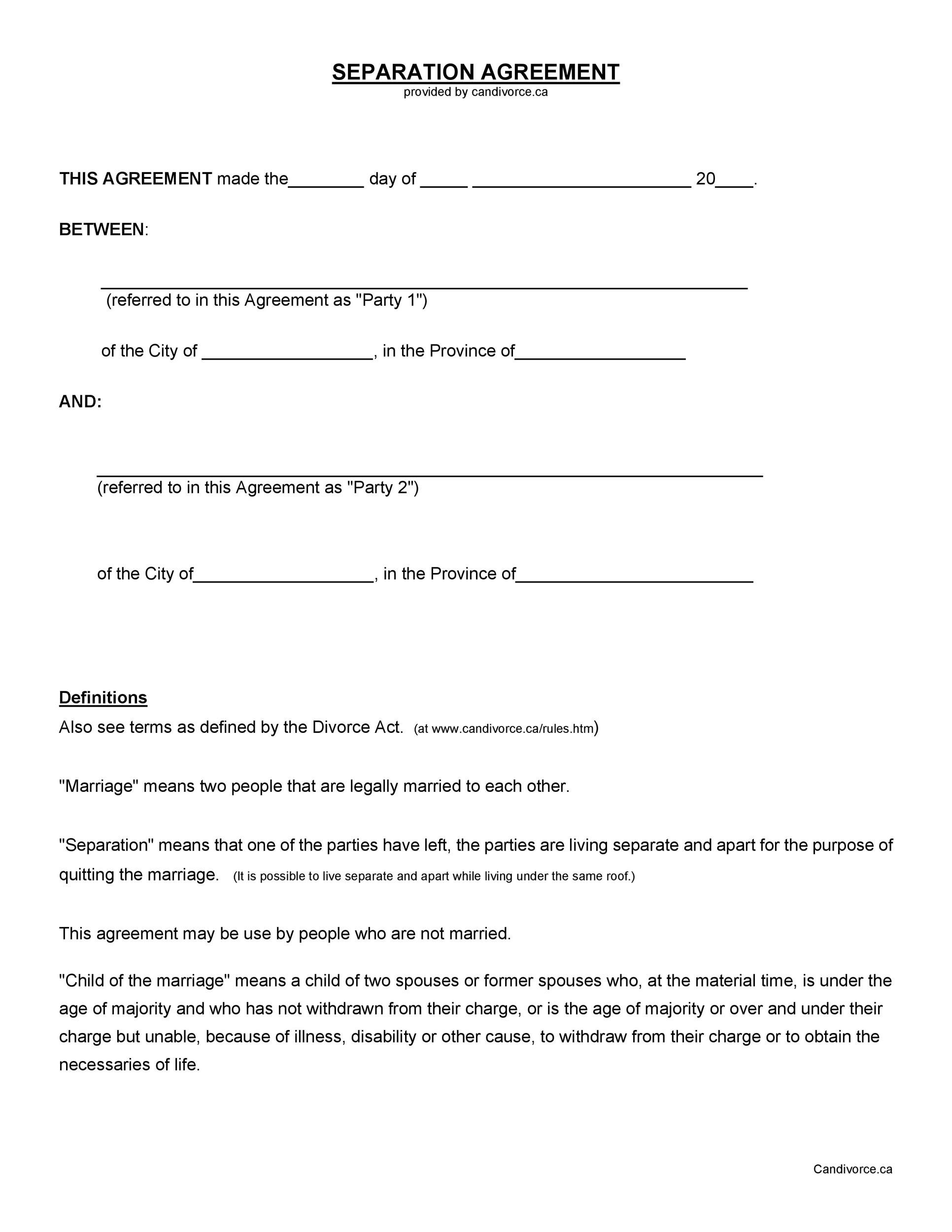 sample separate agreement template