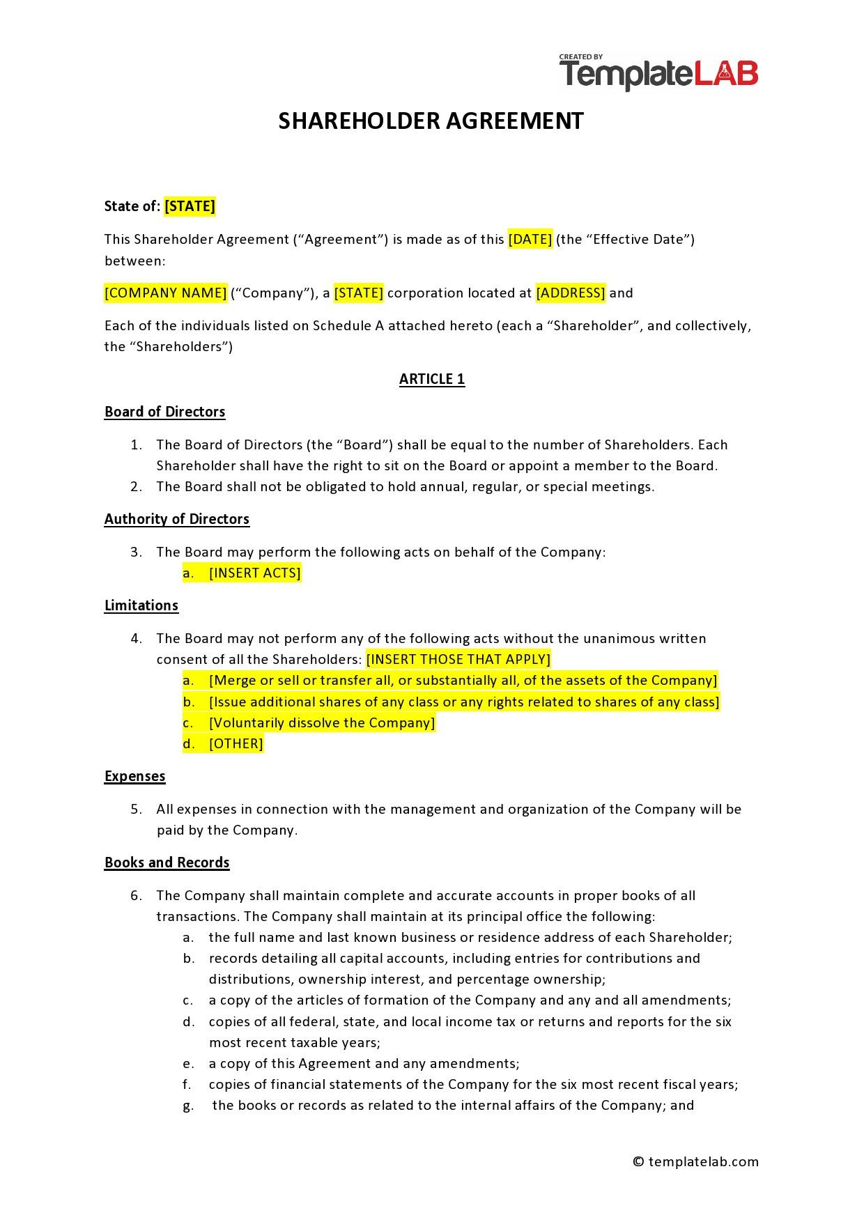 sample Shareholders Agreement Template