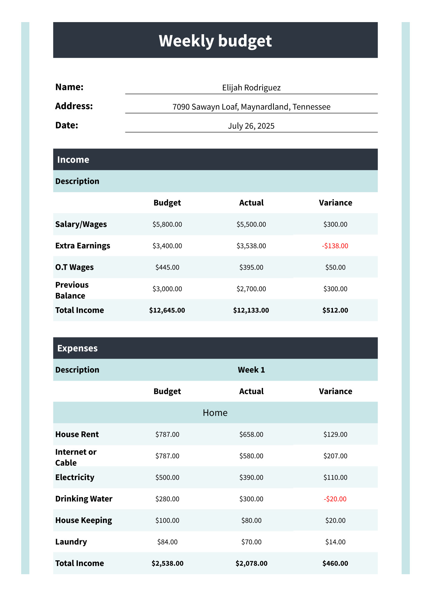 sample bi weekly budget template