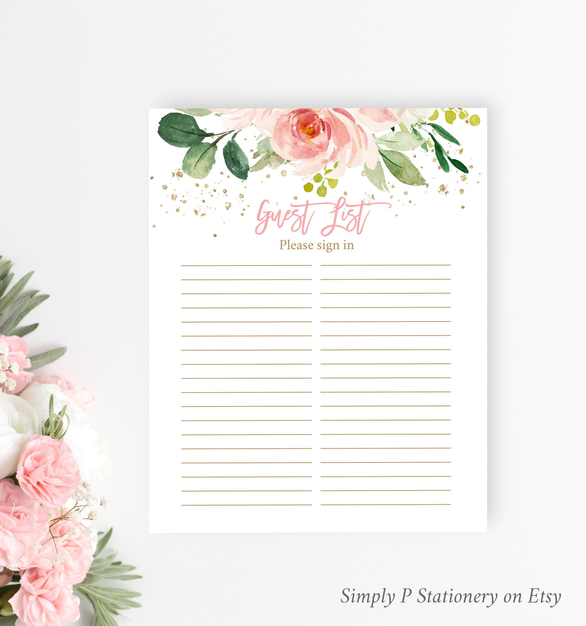 Blush Gold Floral Guest List Printable Sheet, Bridal Shower Guest List, Pink Sign in Sheet, Pink Girl Baby Shower Guest List, Download -W