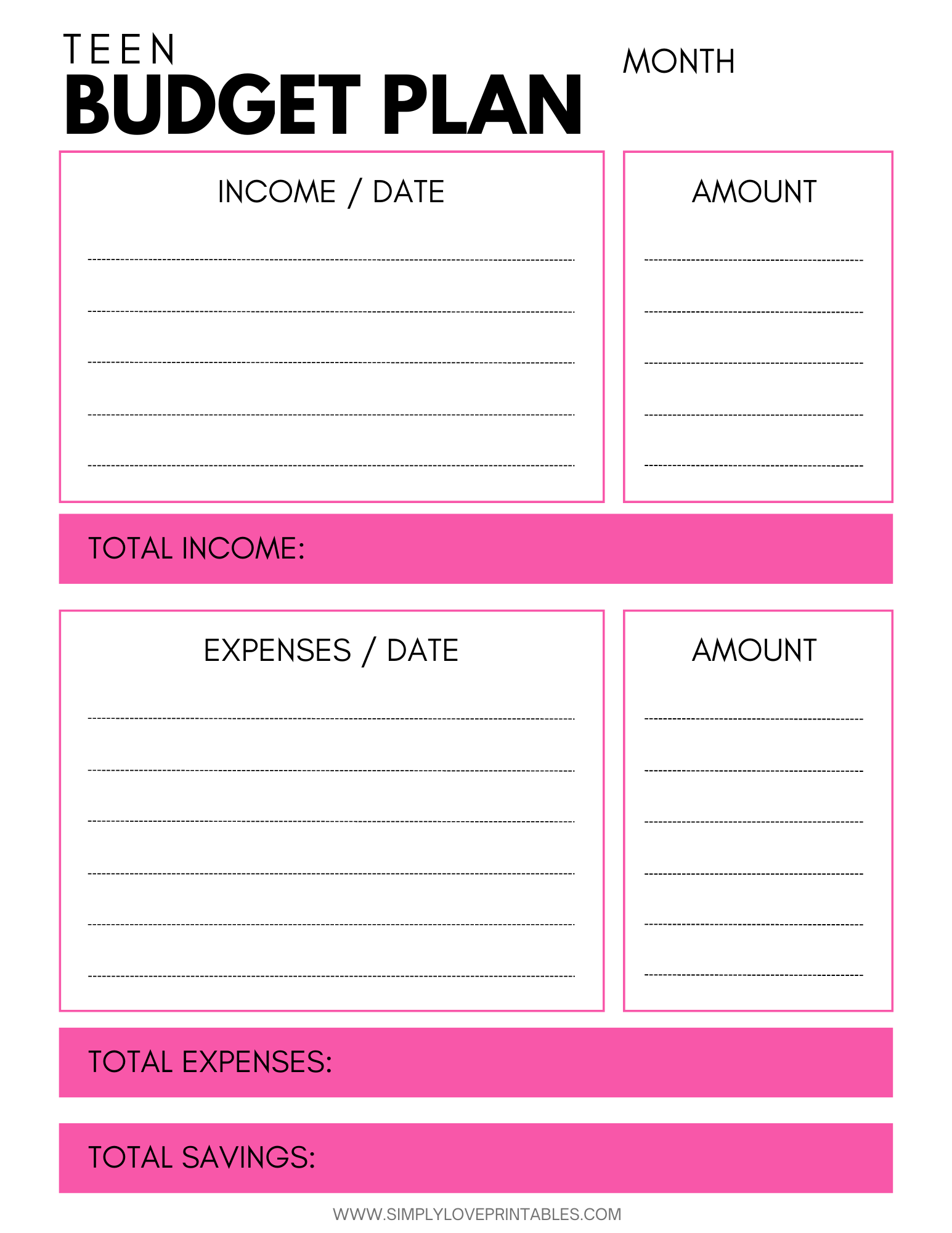 sample teenage budget template