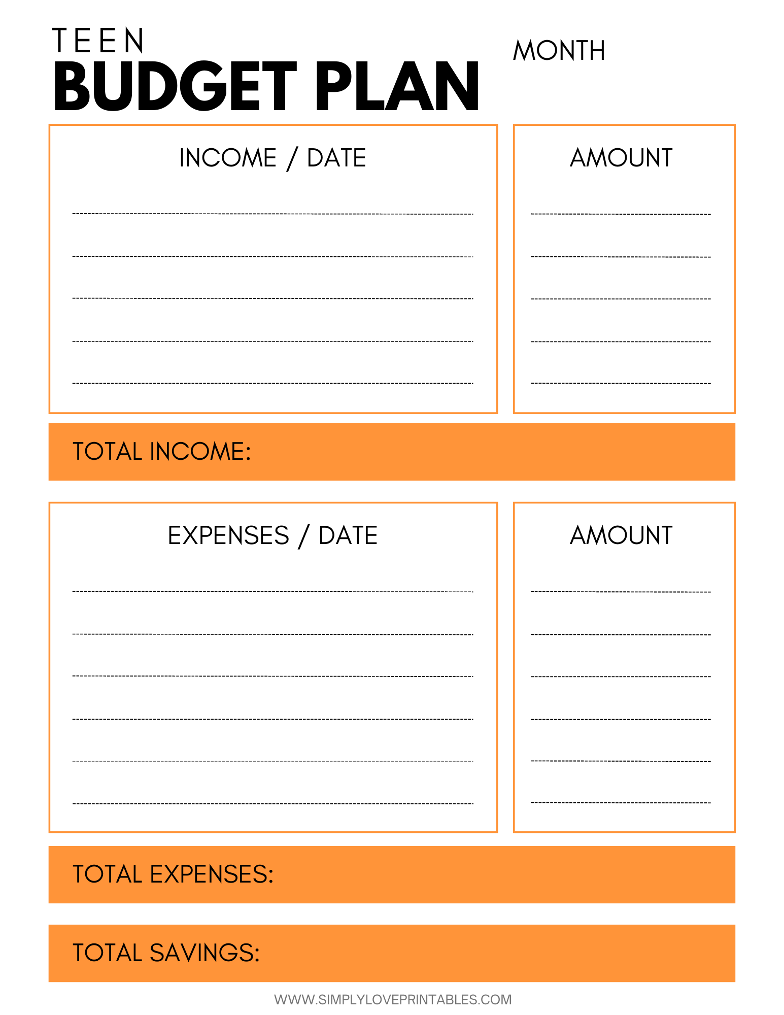 sample teenage budget template