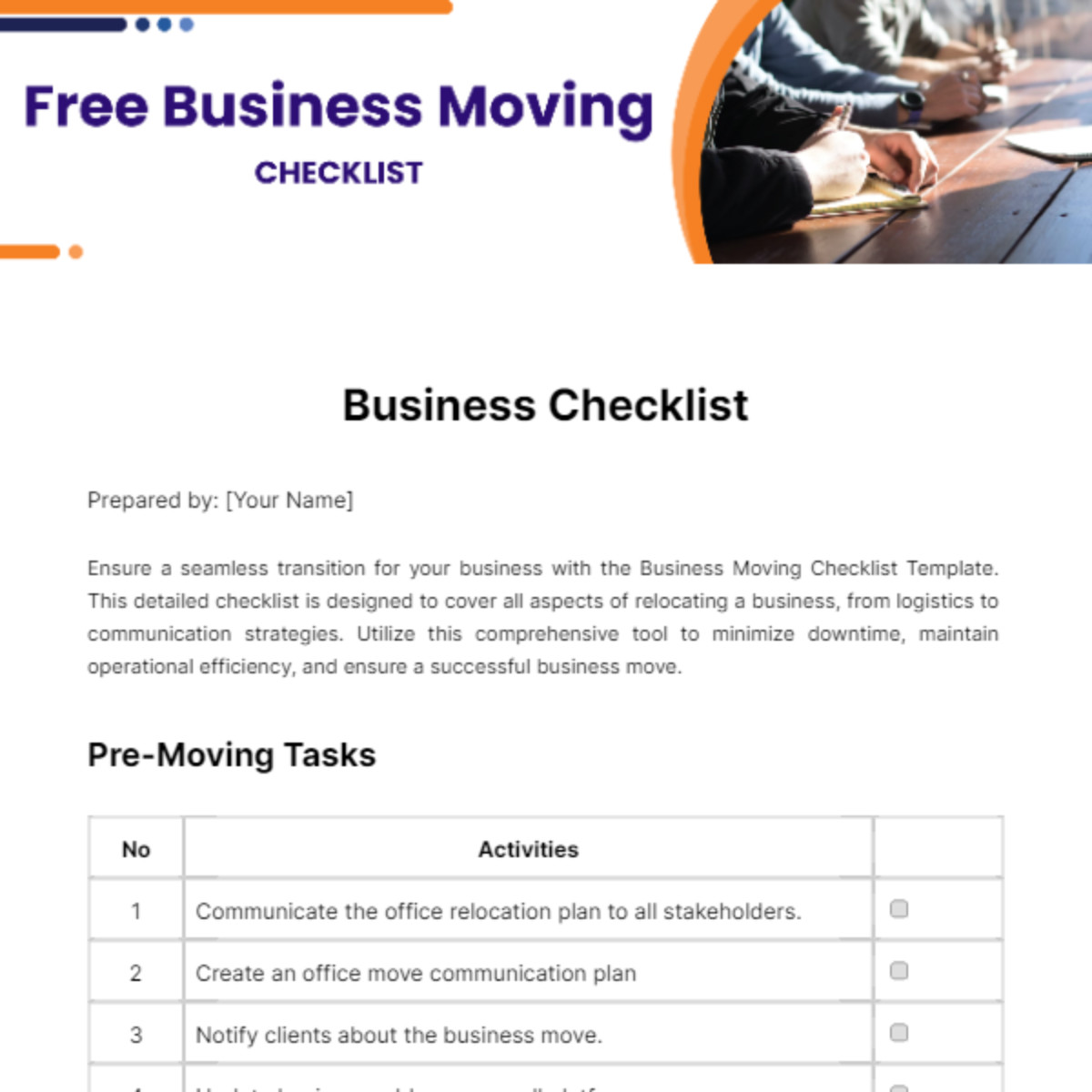 sample moving business checklist template