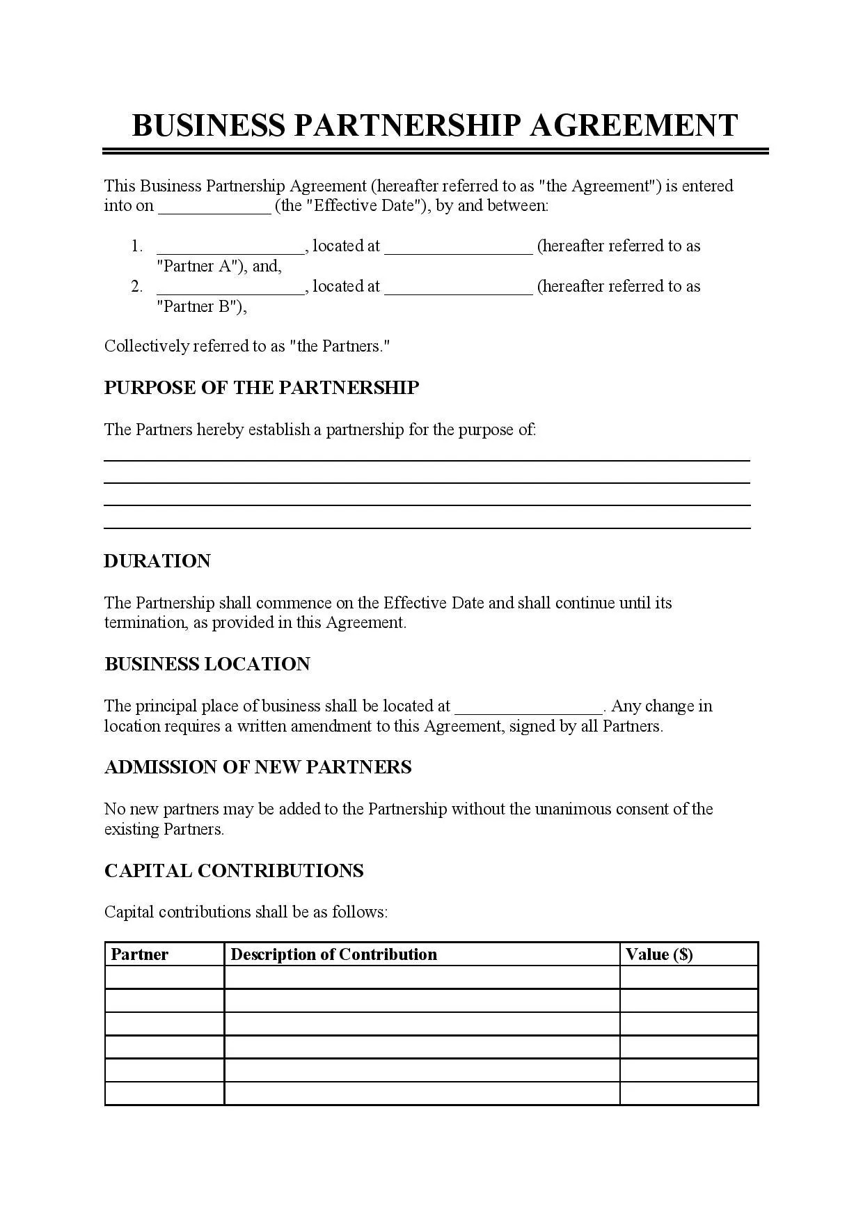 sample partnership business agreement template