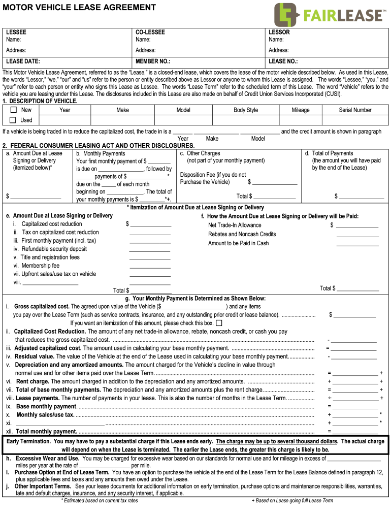 sample car lease agreement template