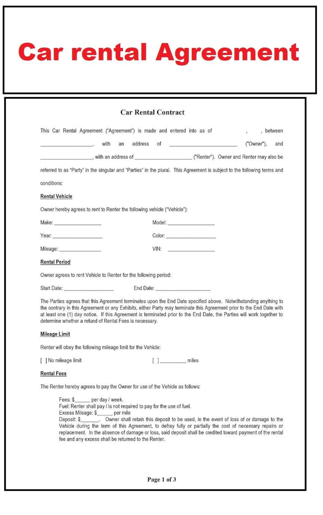 sample car rent agreement template