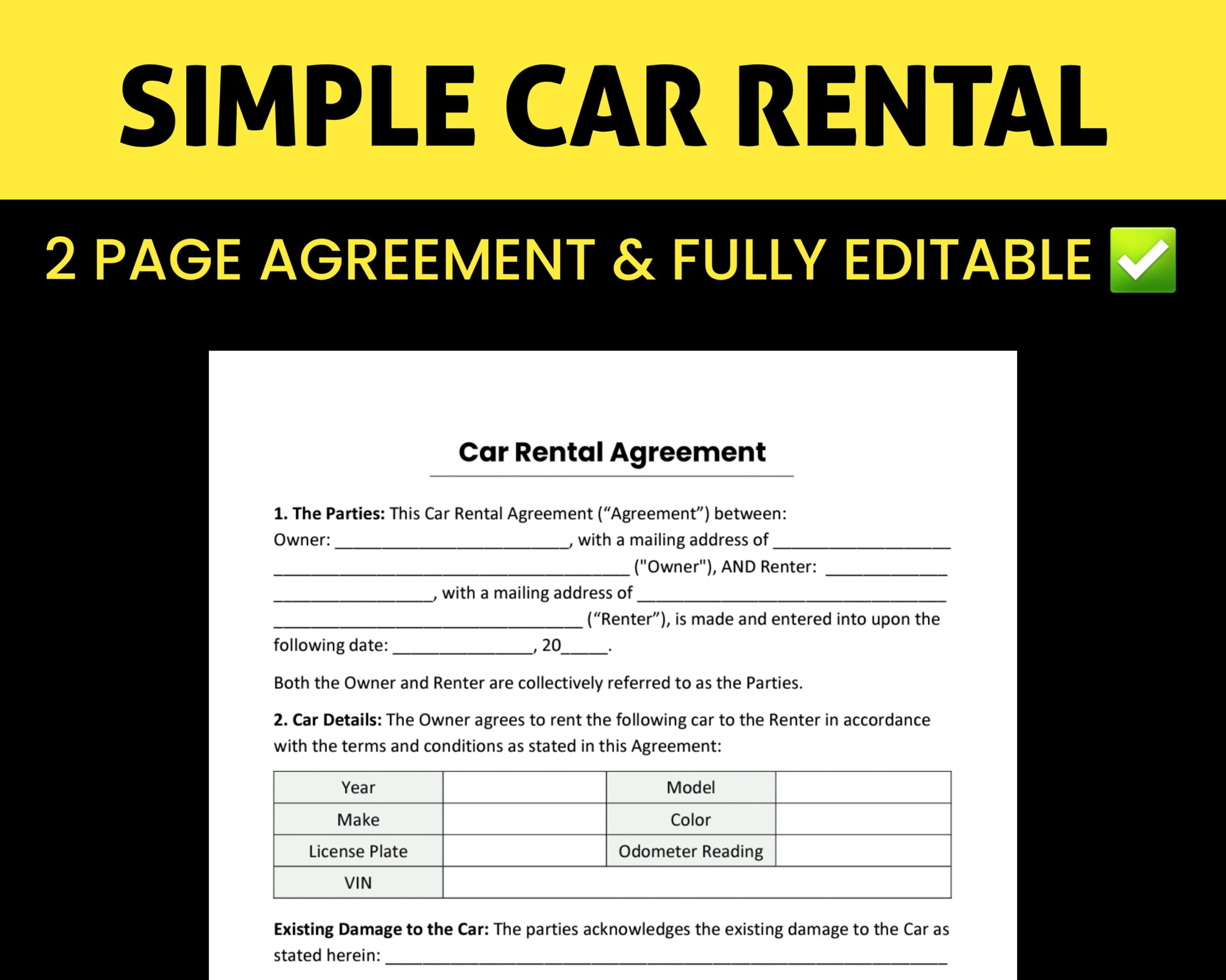 sample car rent agreement template