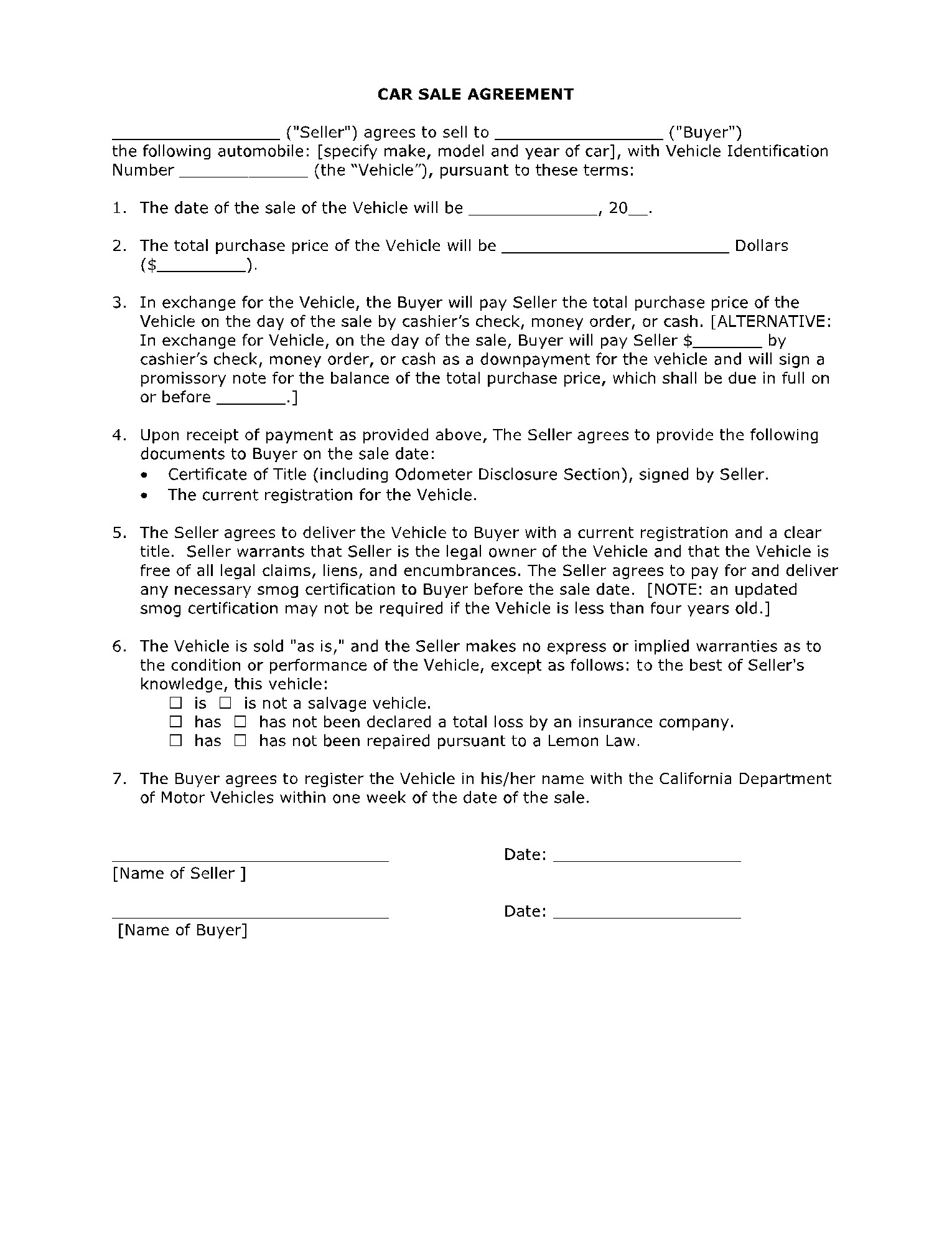 sample car sale agreement template