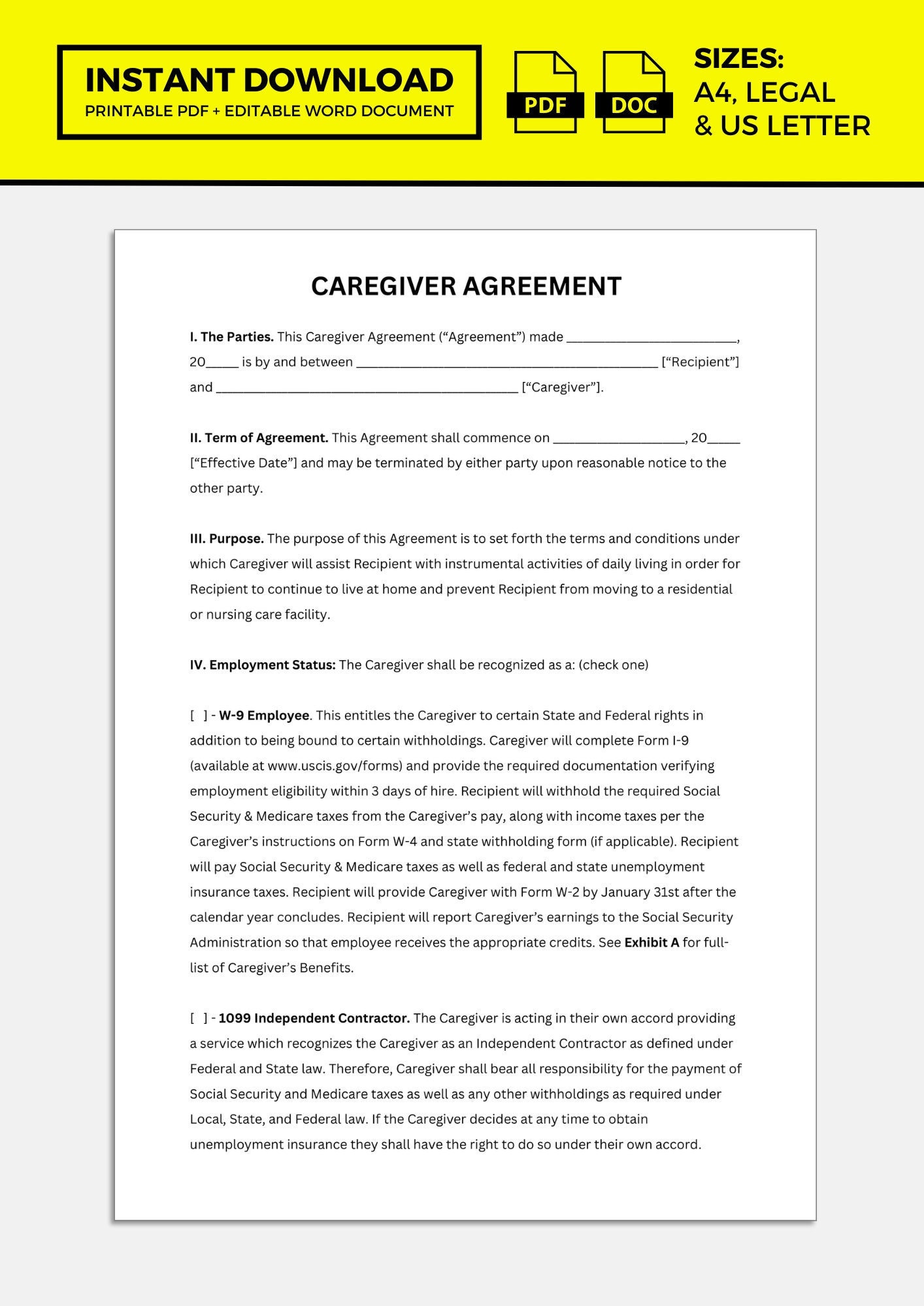 sample caregiver agreement template