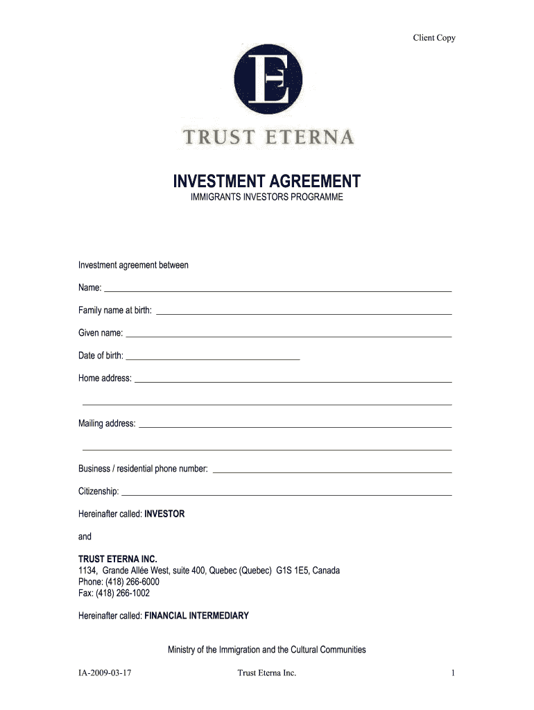 sample investment agreement template