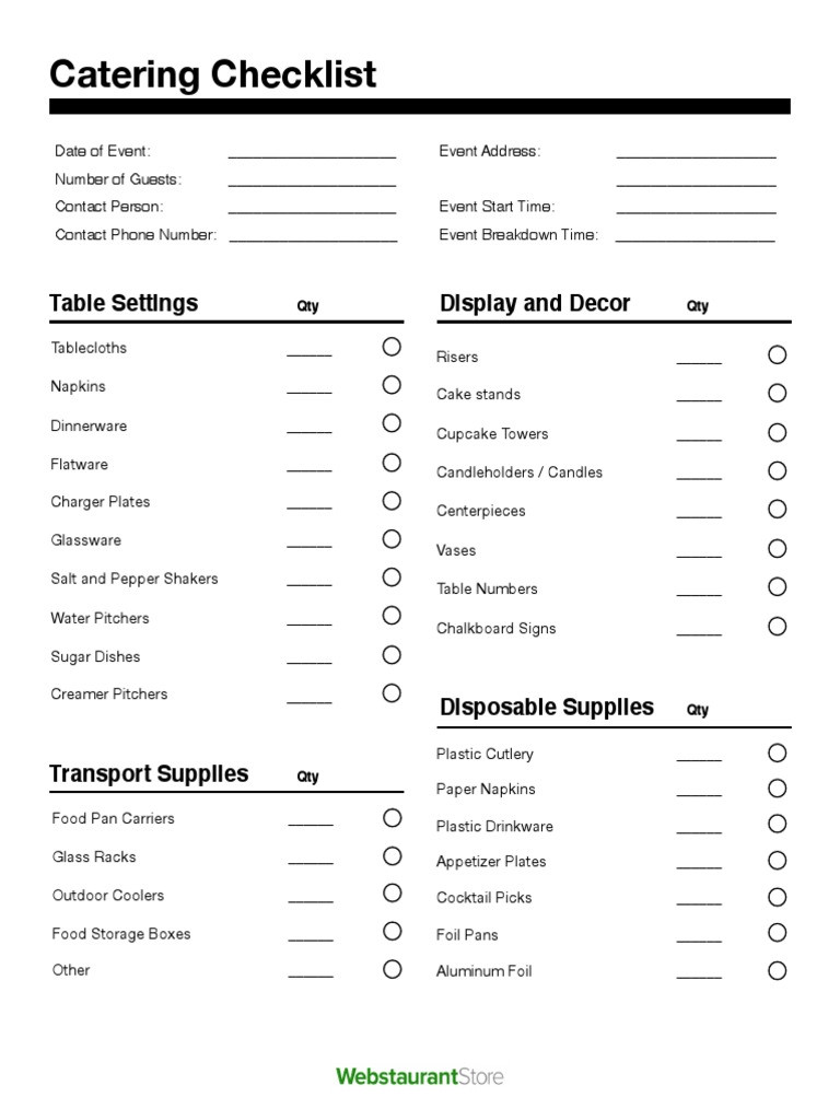 sample catering checklist template