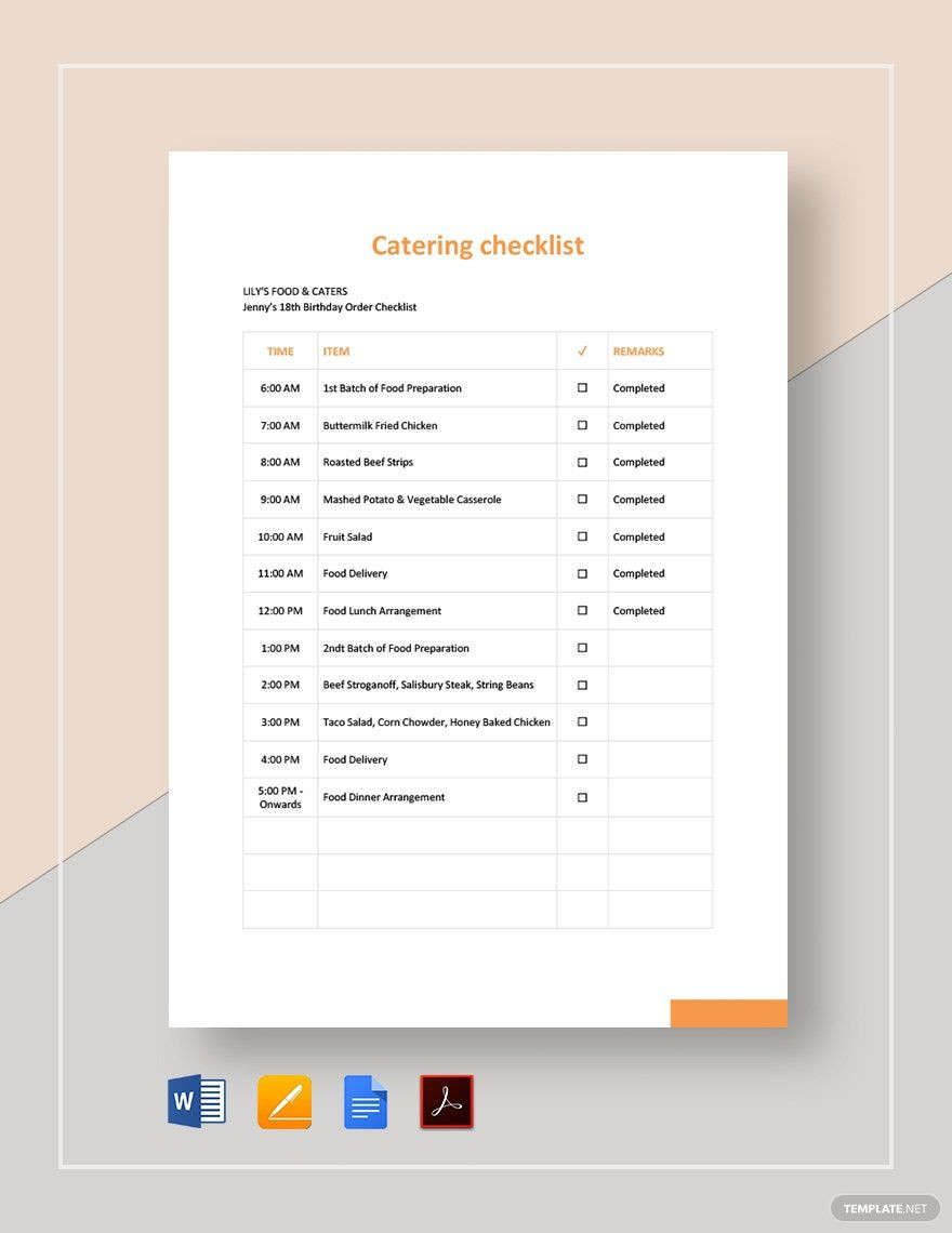 sample catering checklist template