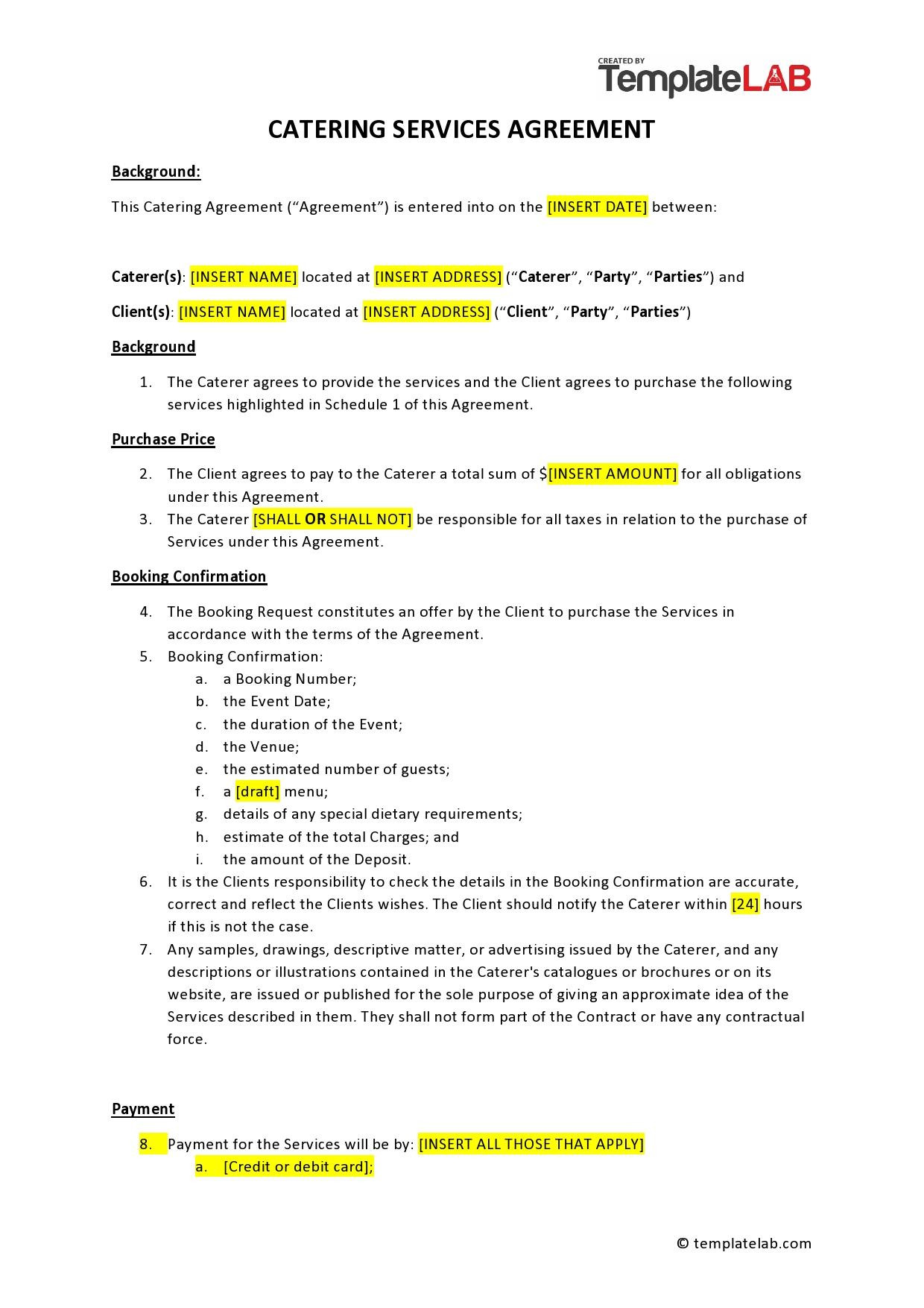 sample catering agreement template