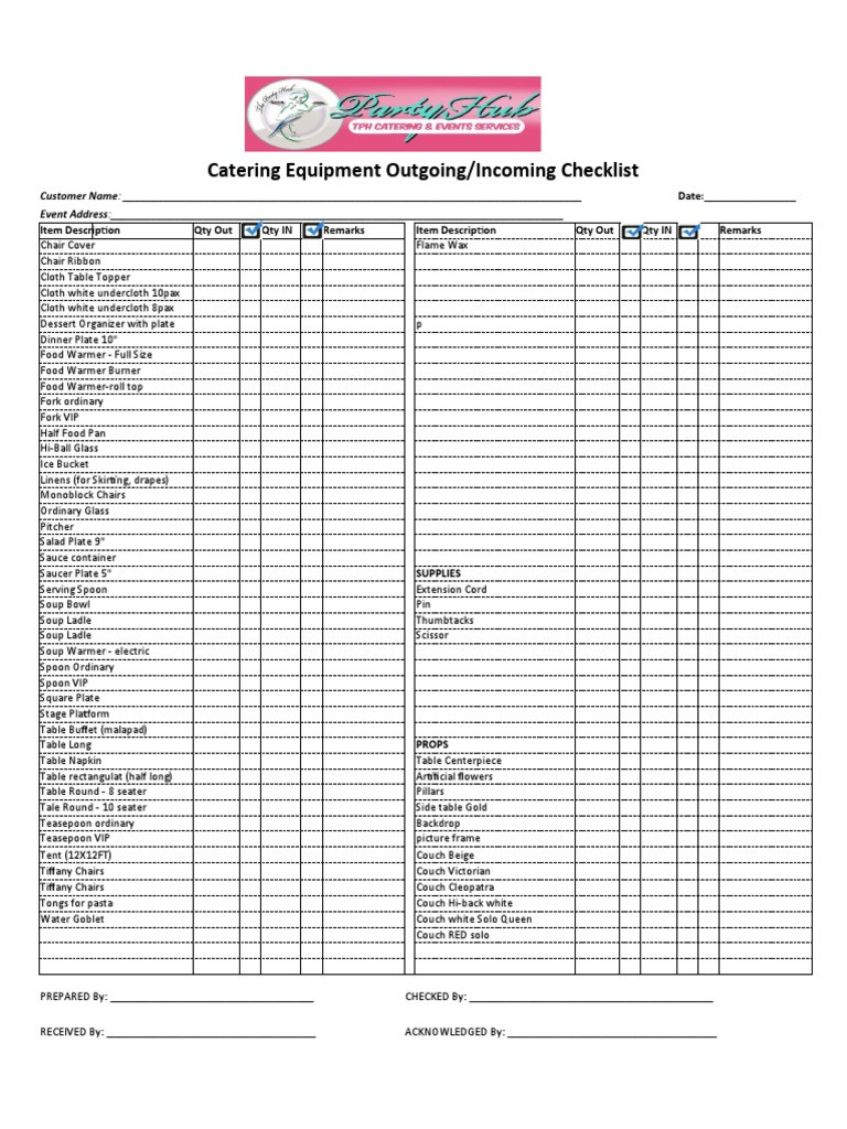 sample catering checklist template