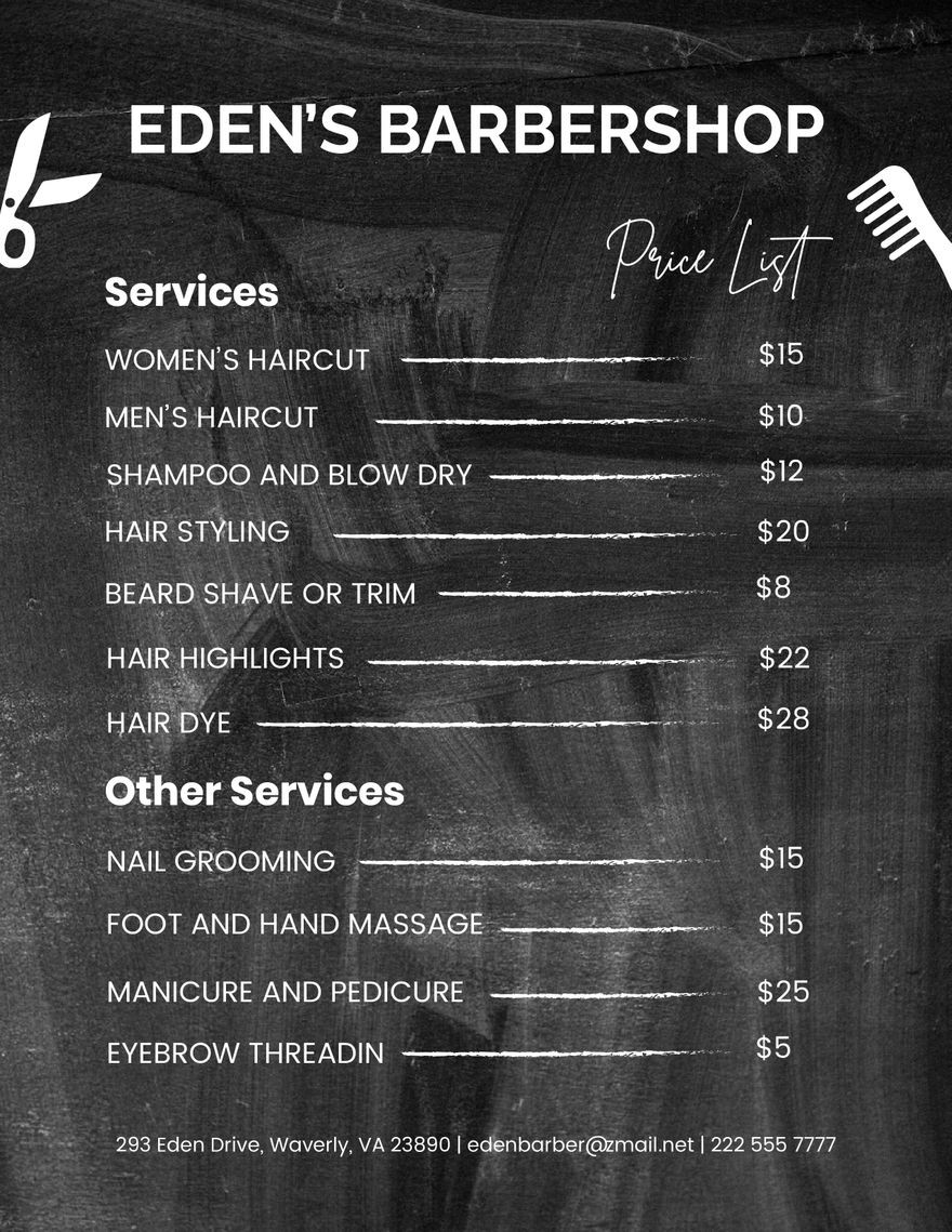 sample Barber Shop Price List Template