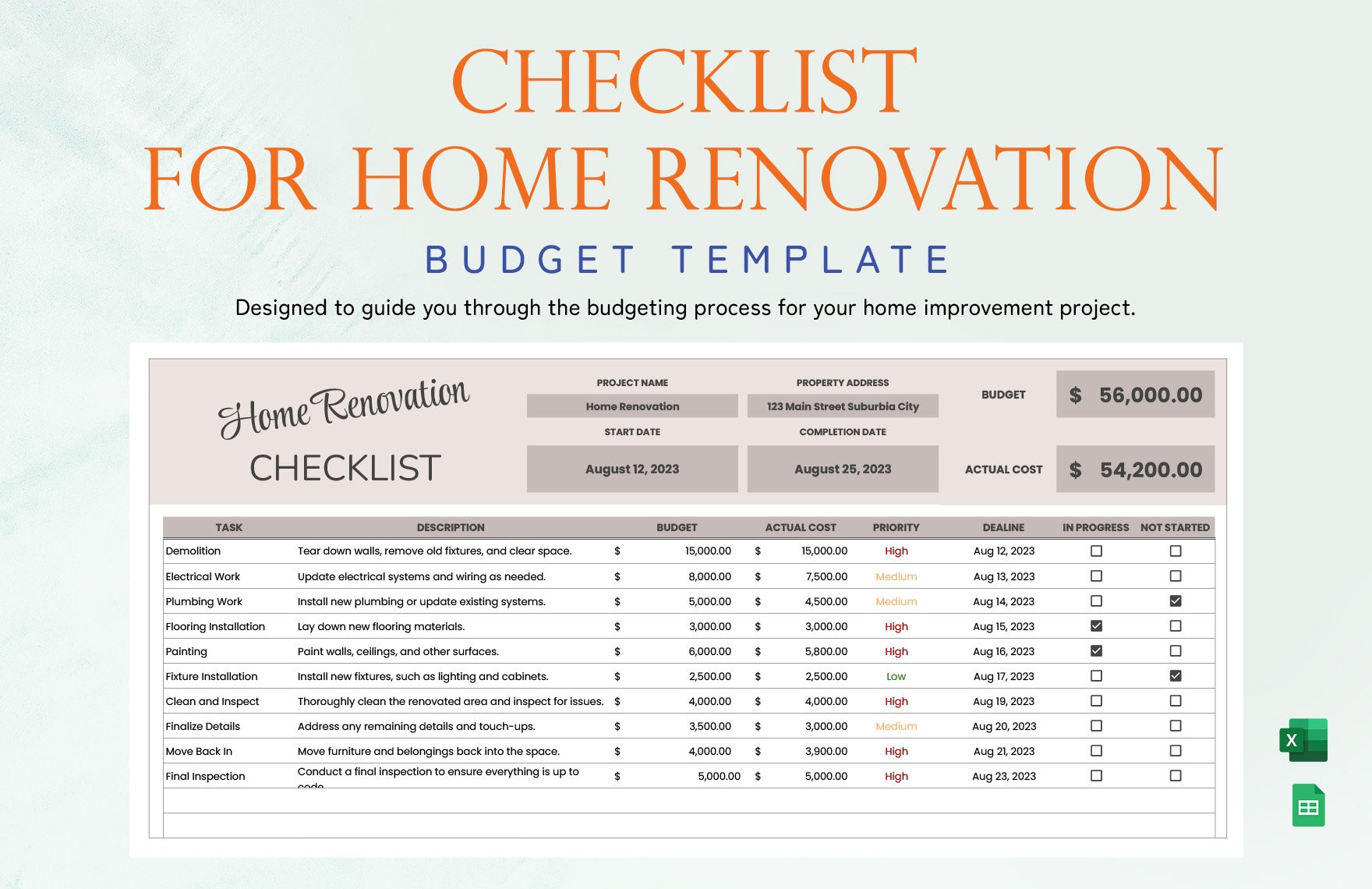 Checklist for Home Renovation Budget Template in Excel, Google