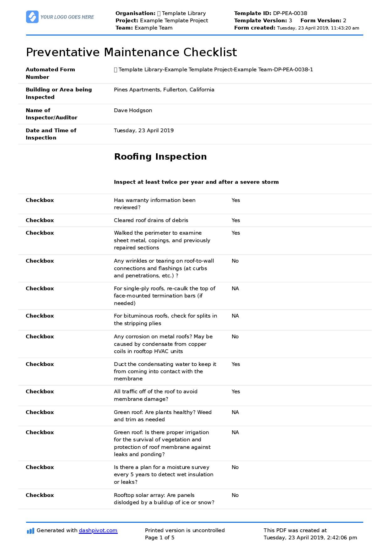 sample preventative maintenance checklist template