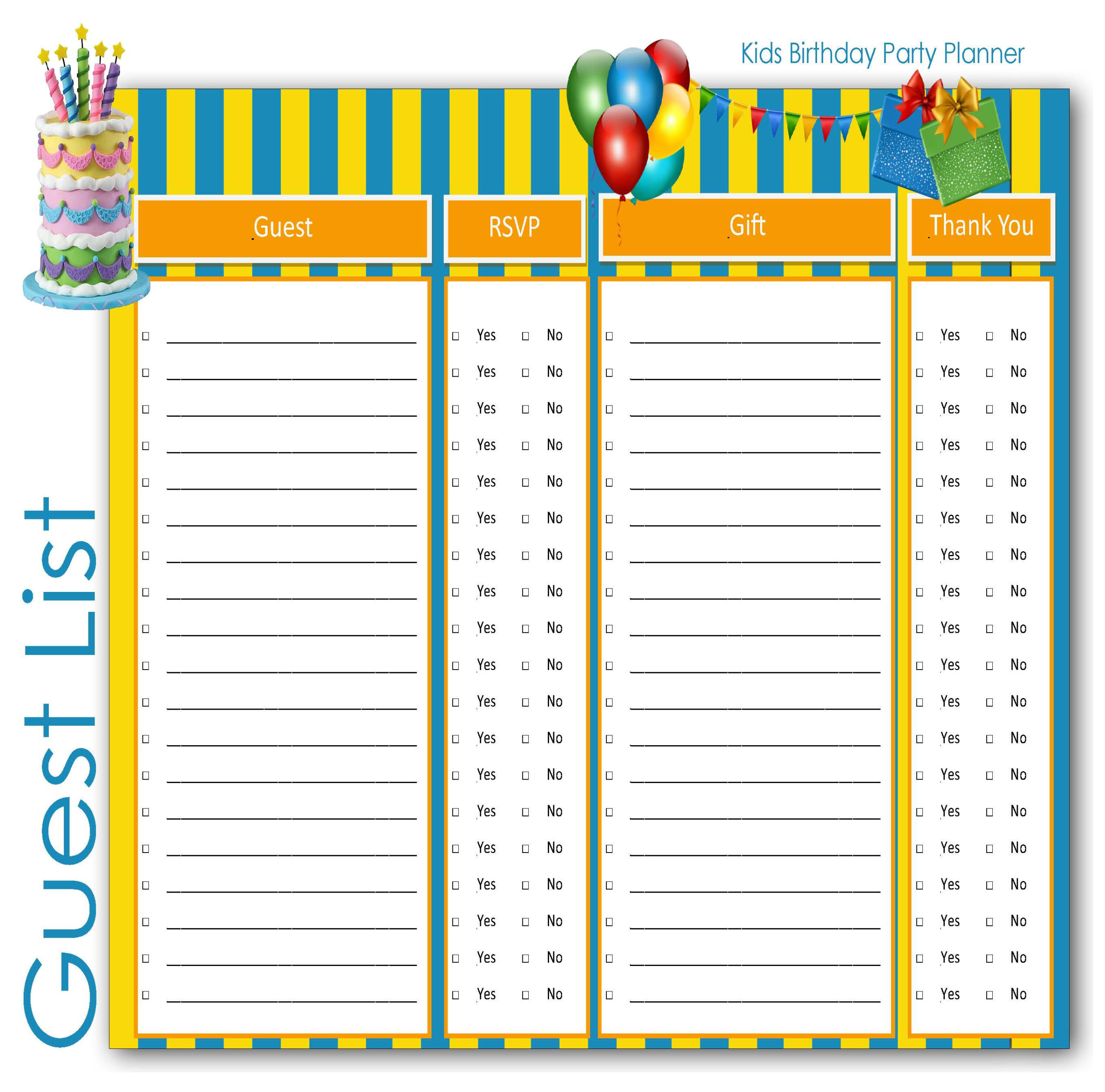 Children: Birthday Party Planner Guest List for Kids