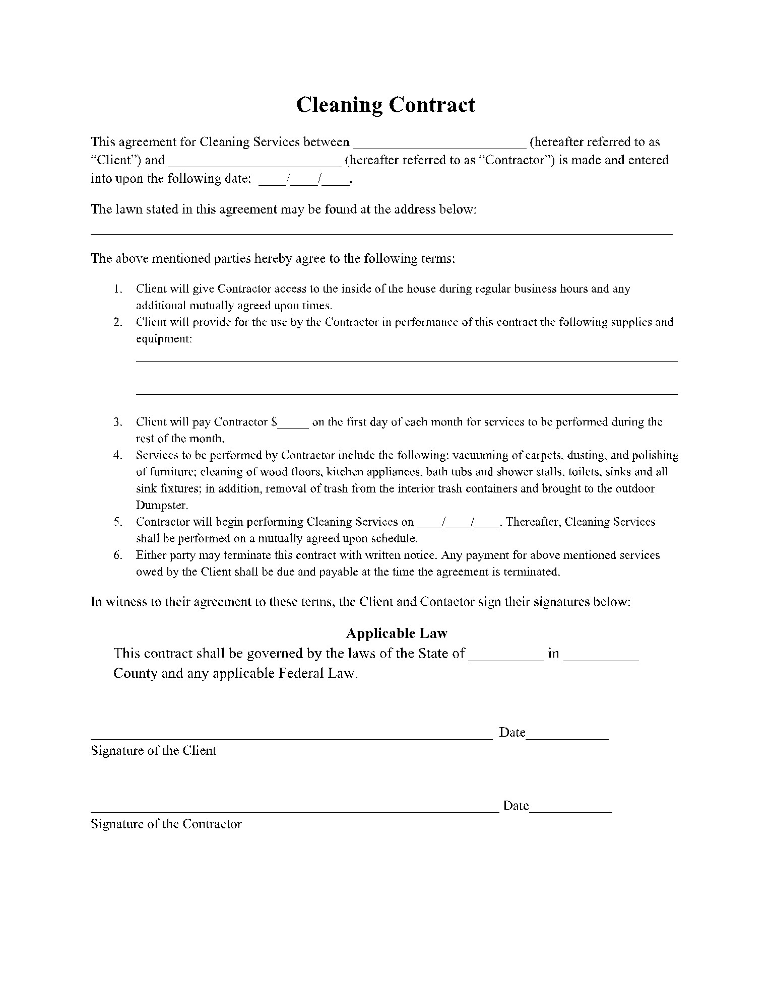 sample cleaning service agreement template