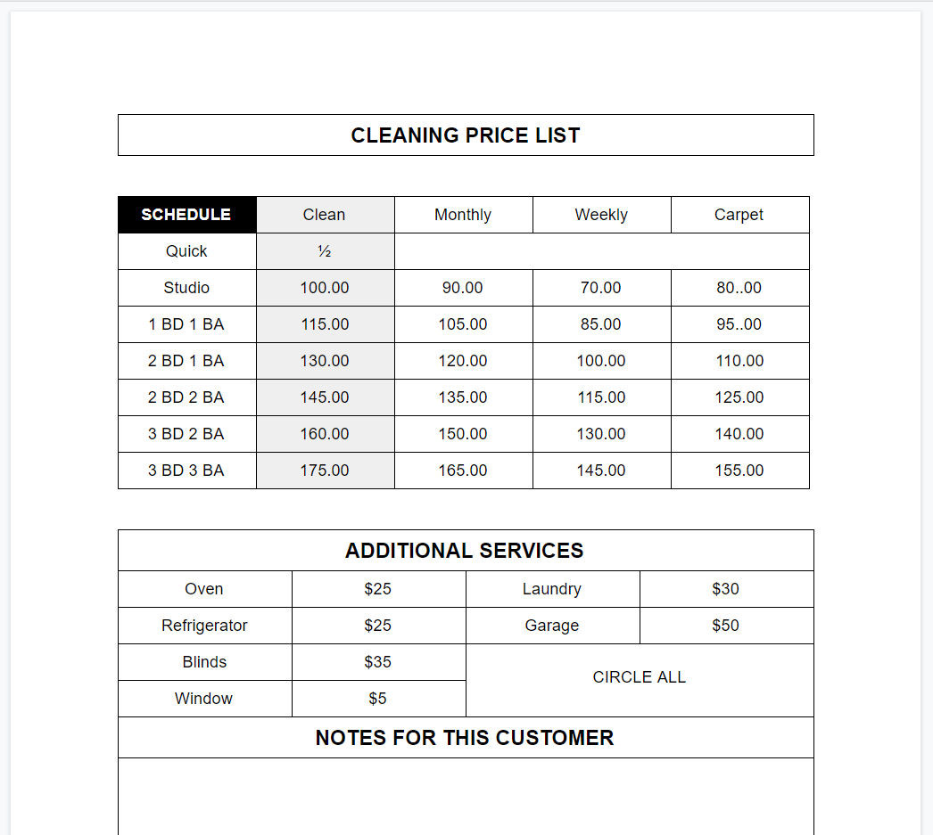 sample Commercial Cleaning Services Price List Template