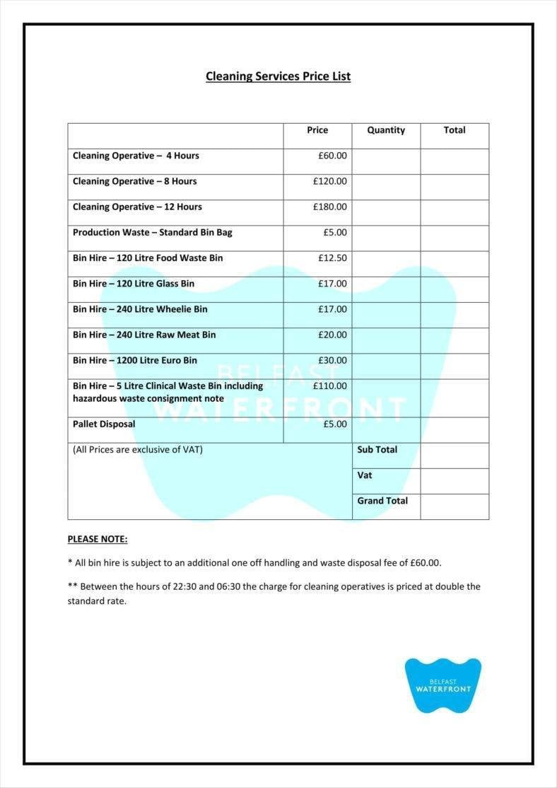 sample Commercial Cleaning Services Price List Template