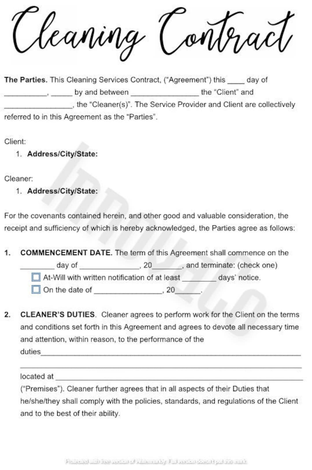 sample cleaning agreement template