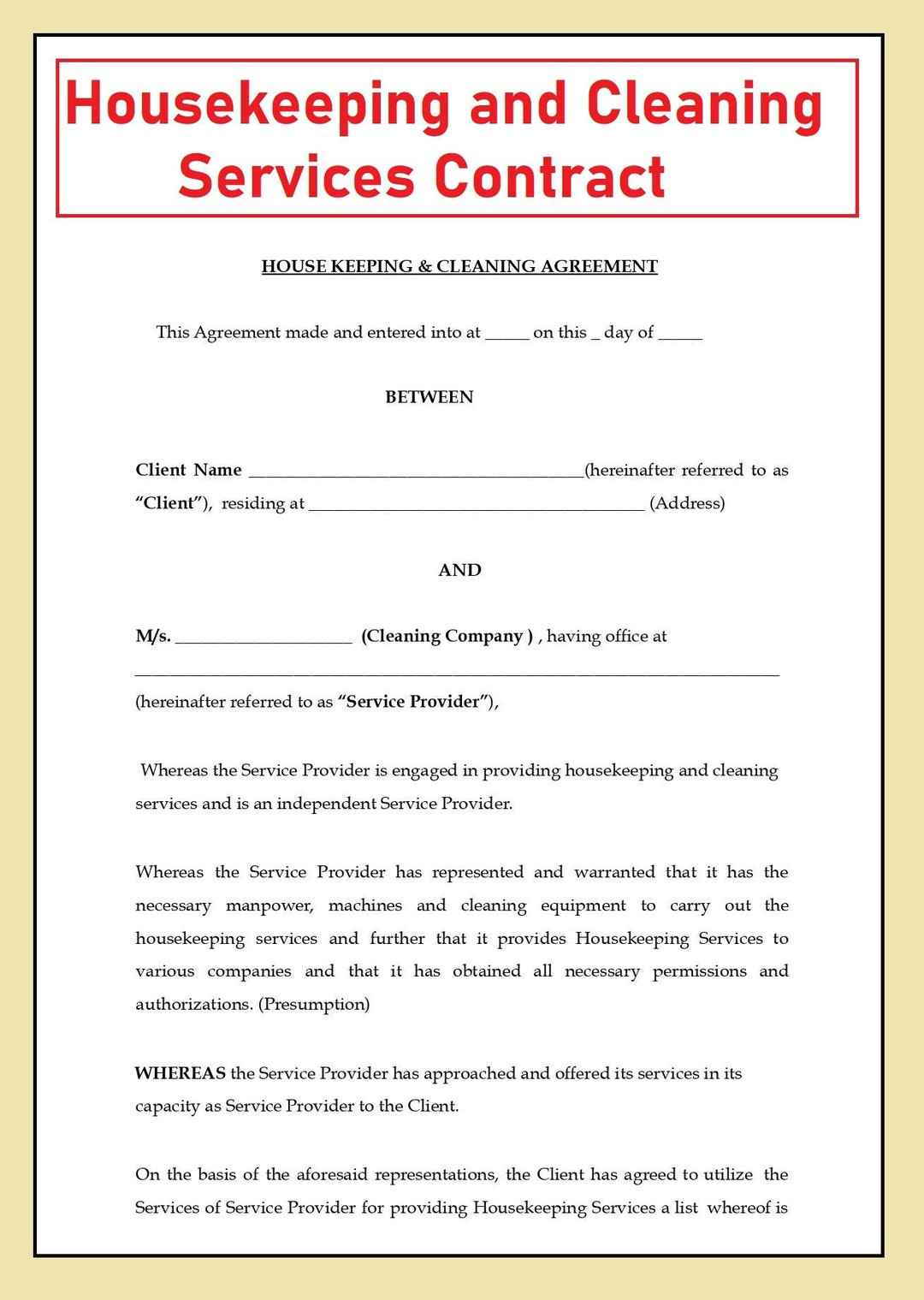 sample cleaning service agreement template