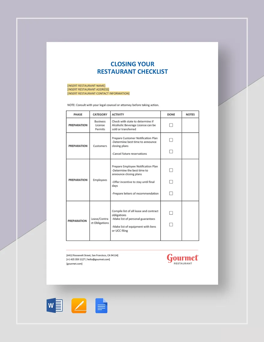 sample restaurant closing checklist template