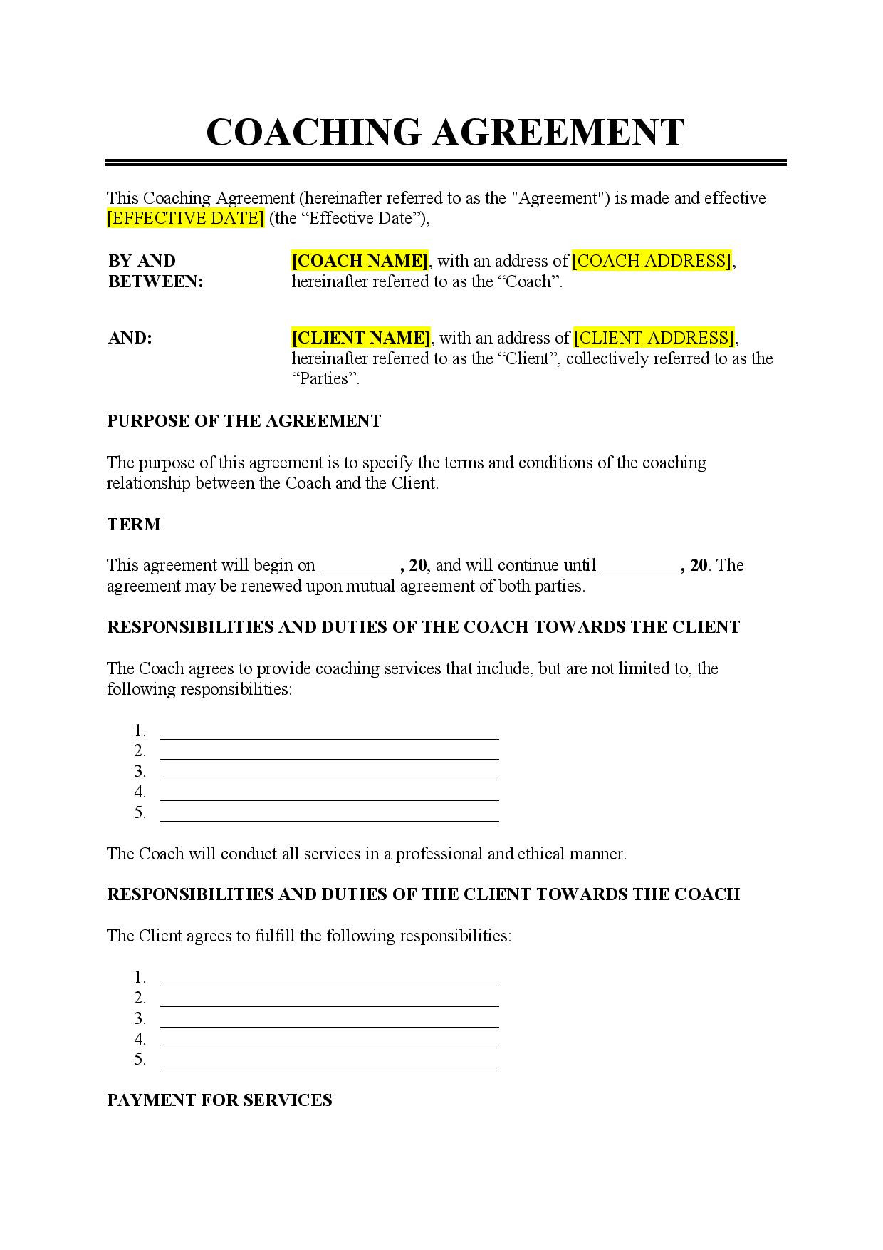 sample coaching agreement template