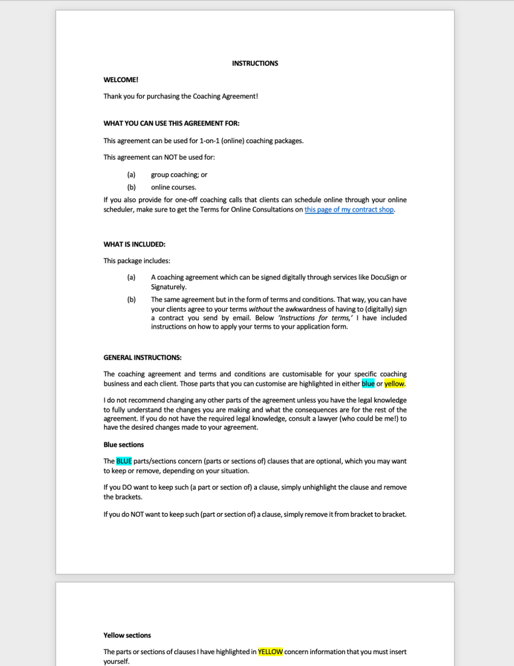 sample coaching agreement template