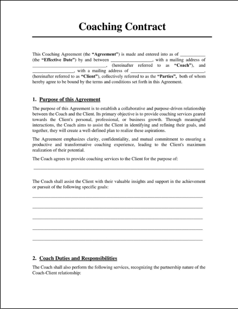 sample coaching agreement template