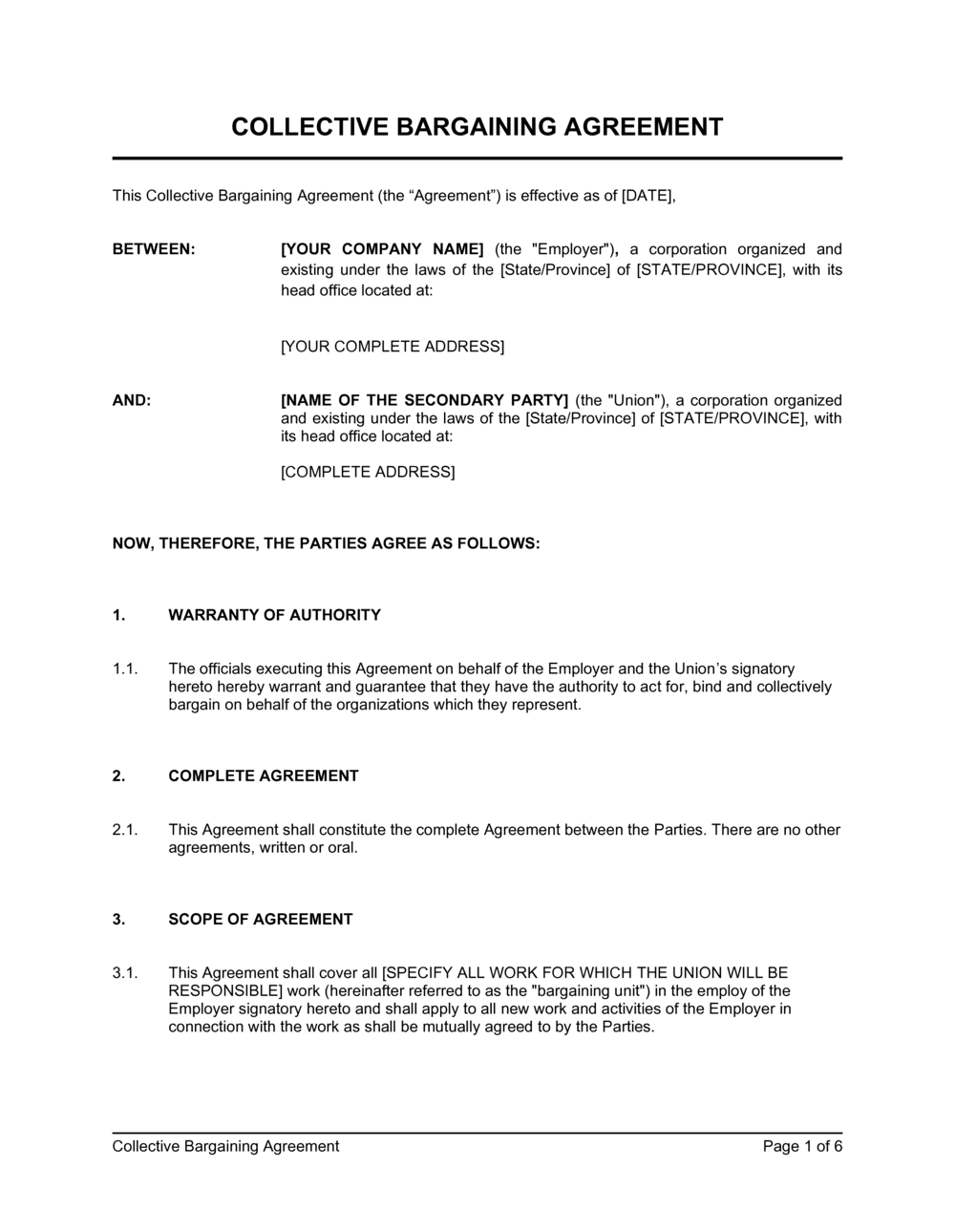 sample collective bargaining agreement template